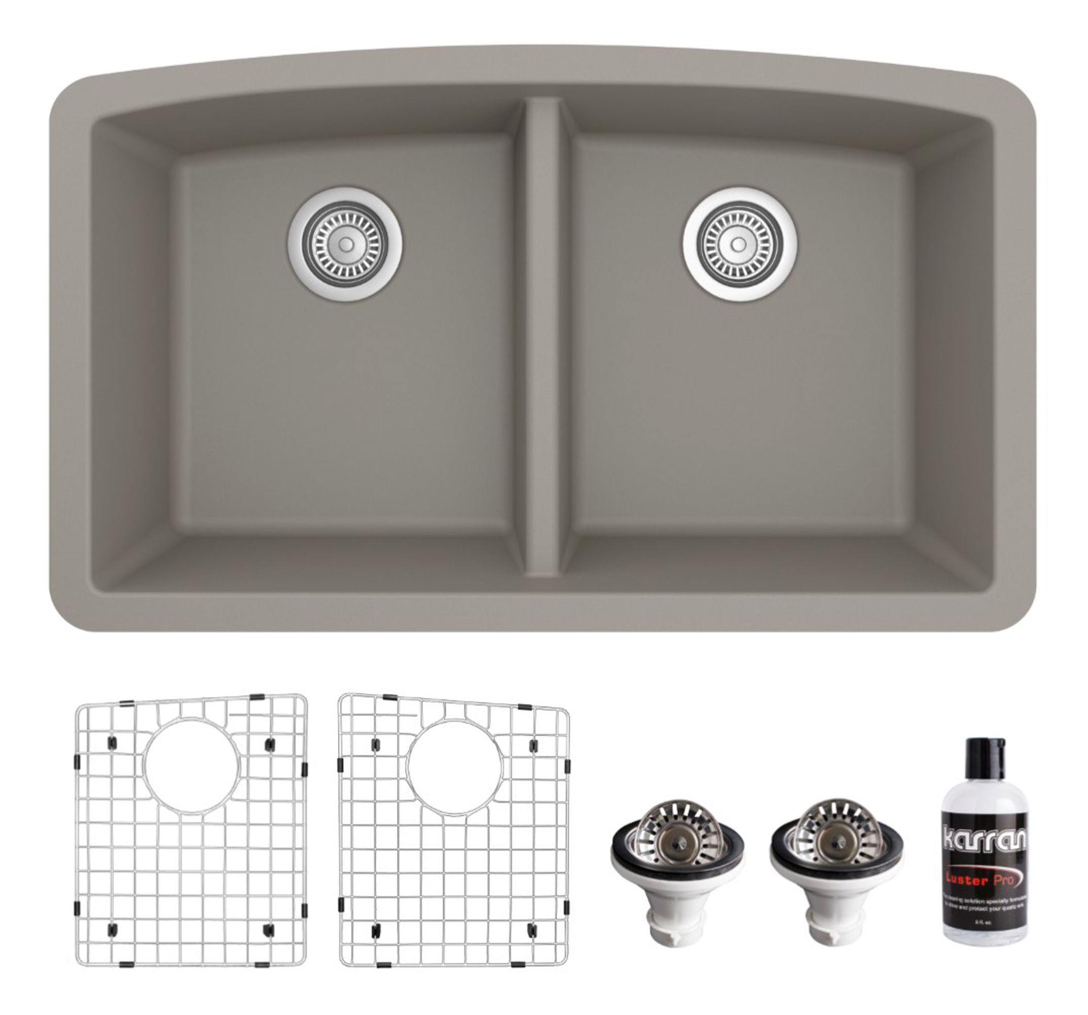 Alternate Image for Karran 33" Undermount Quartz Composite Kitchen Sink, 50/50 Double Bowl, Concrete, QU-710-CN-PK1