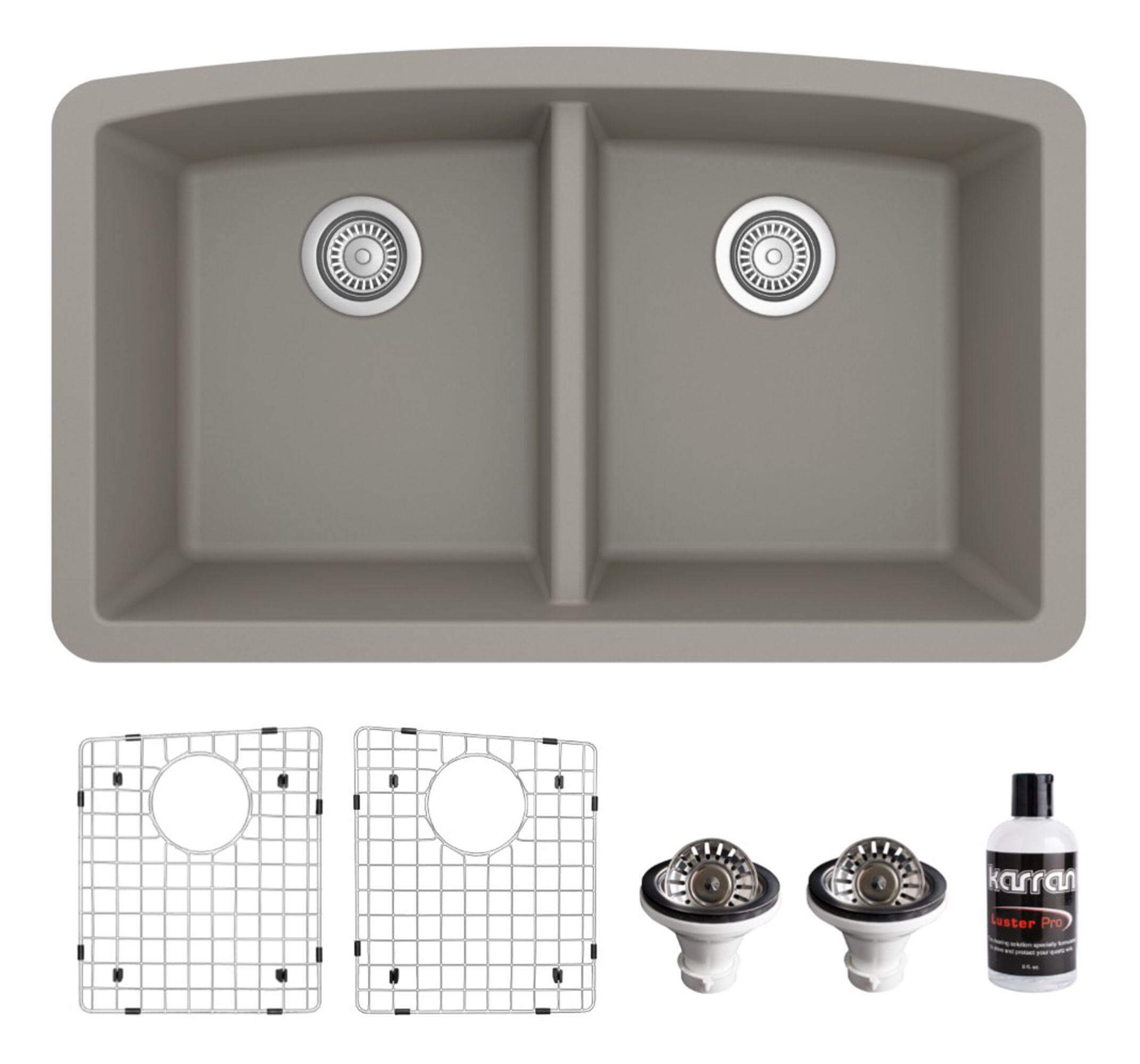 Alternate Image for Karran 33" Undermount Quartz Composite Kitchen Sink, 50/50 Double Bowl, Concrete, QU-710-CN-PK1