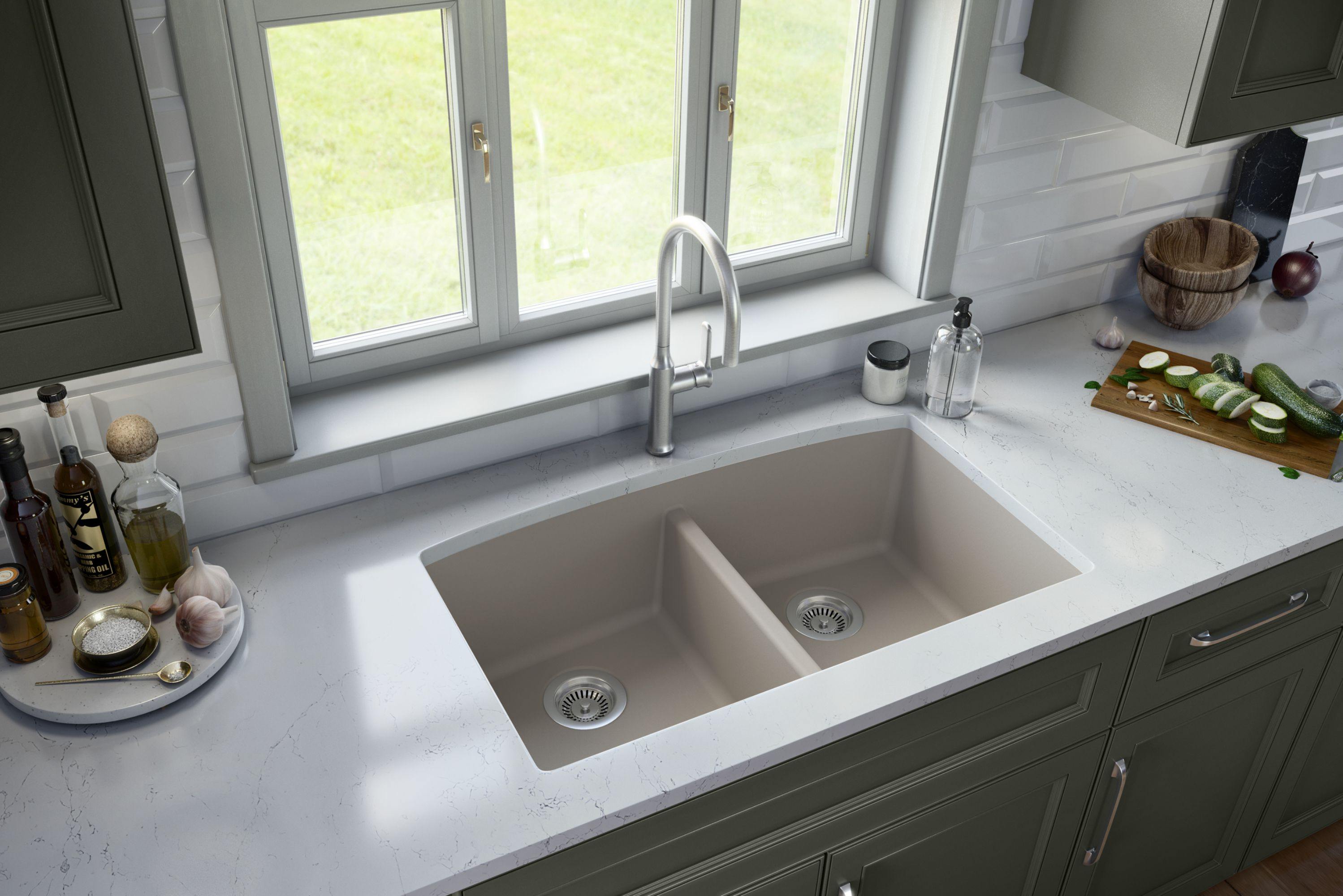 Karran 33" Undermount Quartz Composite Kitchen Sink, 50/50 Double Bowl, Concrete, QU-710-CN-PK1