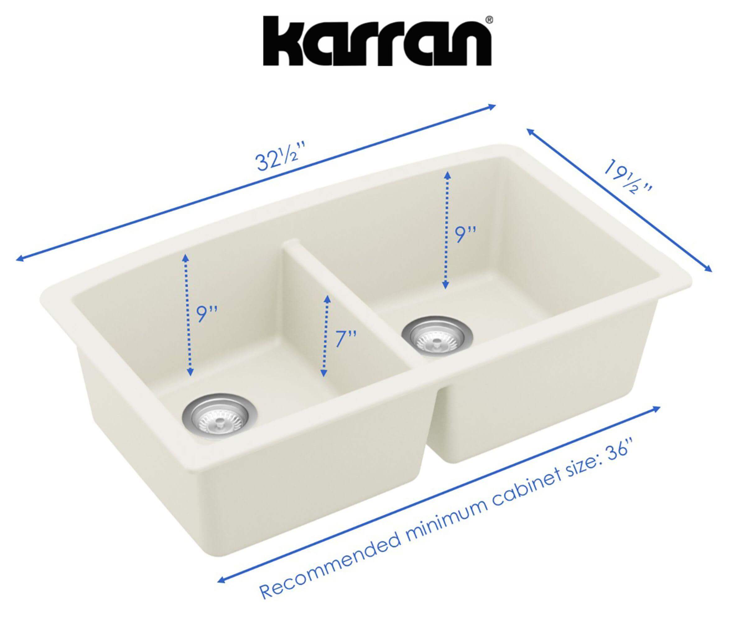 Alternate Image for Karran 33" Undermount Quartz Composite Kitchen Sink, 50/50 Double Bowl, White, QU-710-WH-PK1