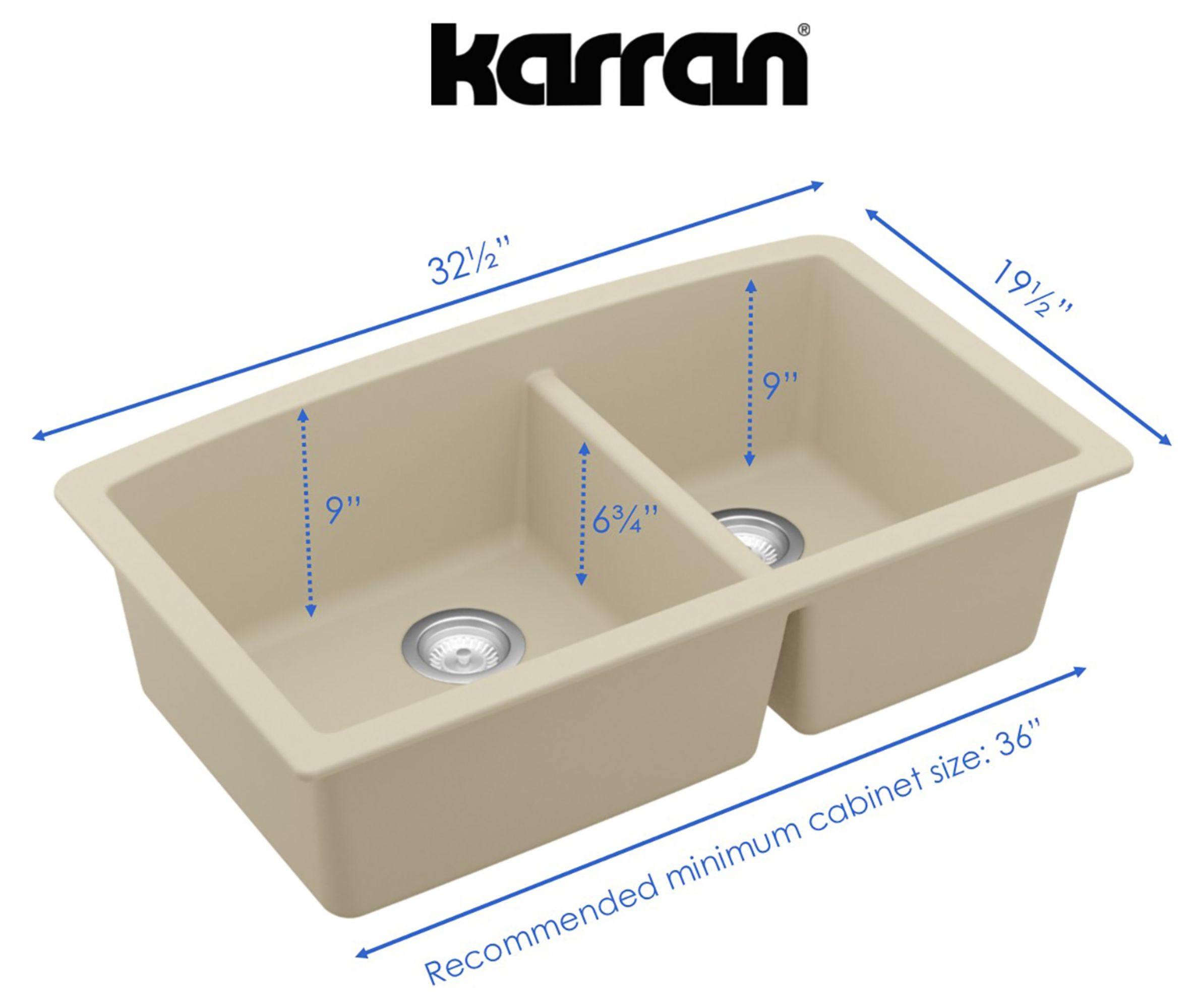Alternate Image for Karran 32" Undermount Quartz Composite Kitchen Sink, 60/40 Double Bowl, Bisque, QU-711-BI-PK1
