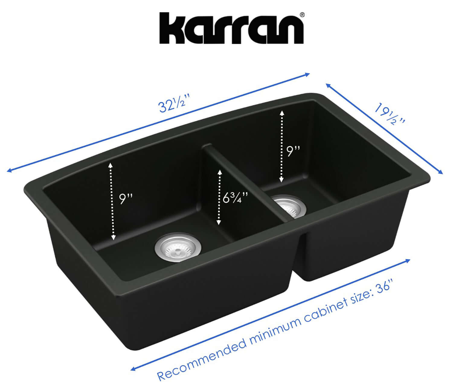 Alternate Image for Karran 33" Undermount Quartz Composite Kitchen Sink, 60/40 Double Bowl, Black, QU-711-BL