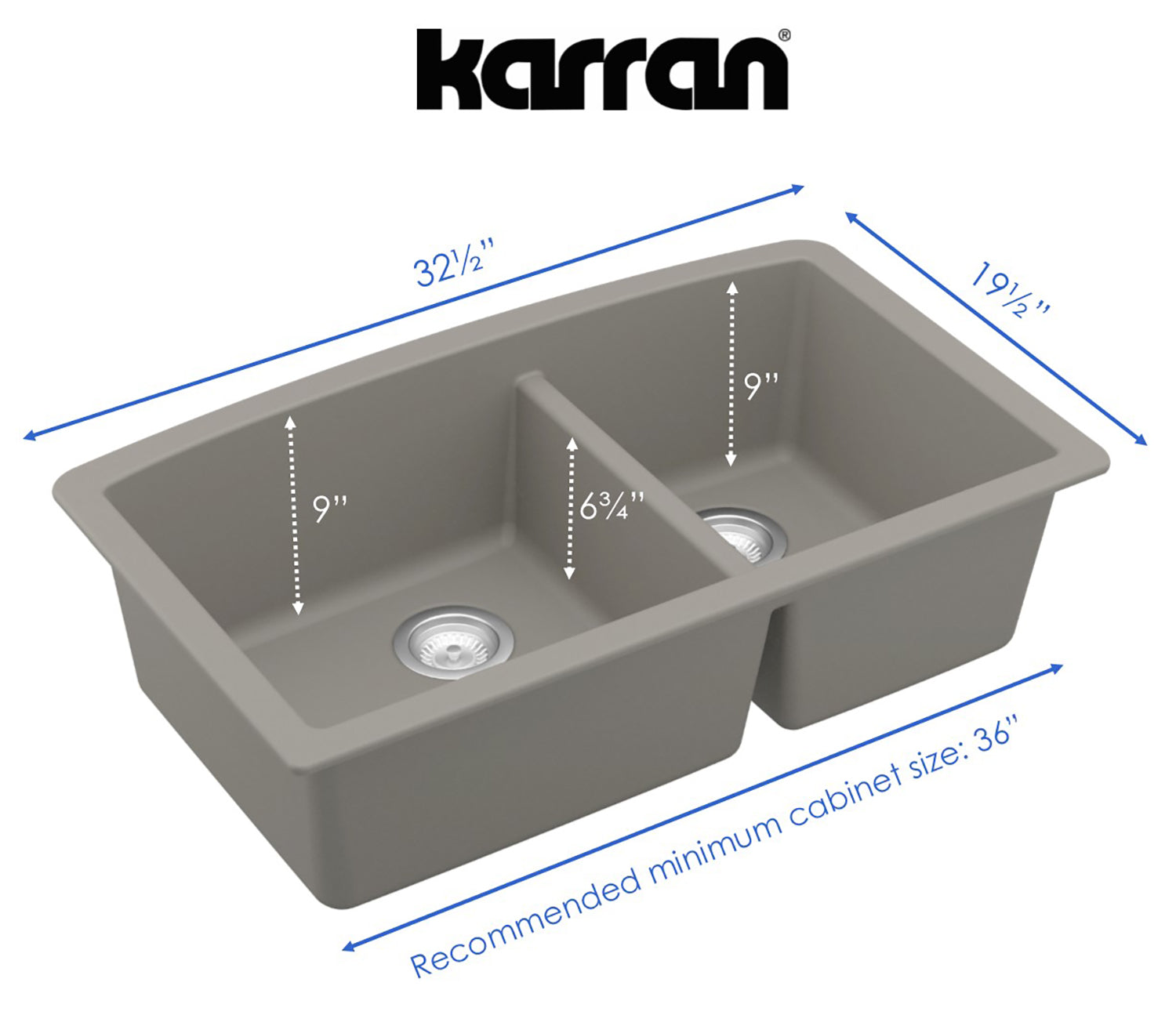 Alternate Image for Karran 33" Undermount Quartz Composite Kitchen Sink, 60/40 Double Bowl, Concrete, QU-711-CN