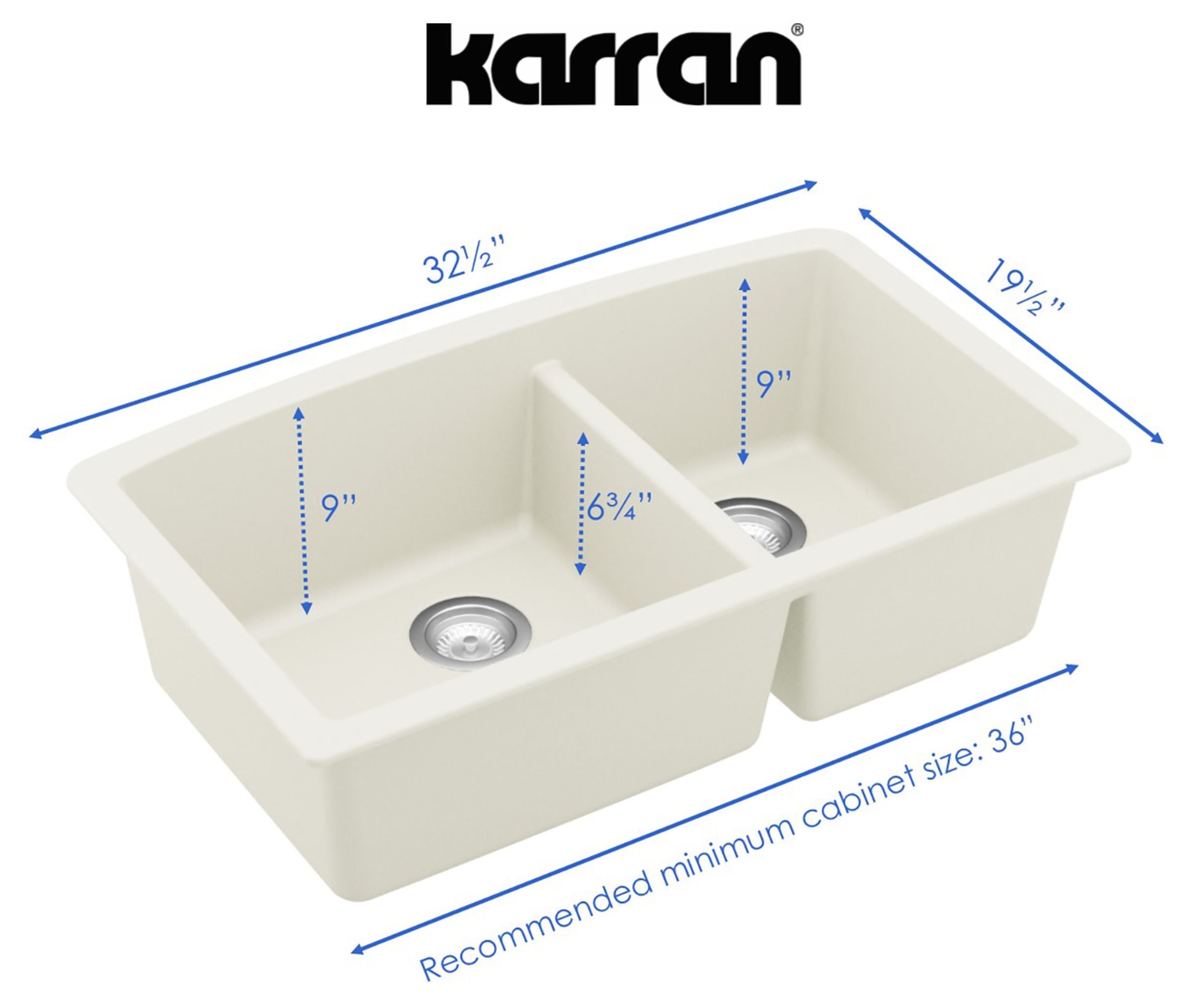 Alternate Image for Karran 32" Undermount Quartz Composite Kitchen Sink, 60/40 Double Bowl, White, QU-711-WH-PK1