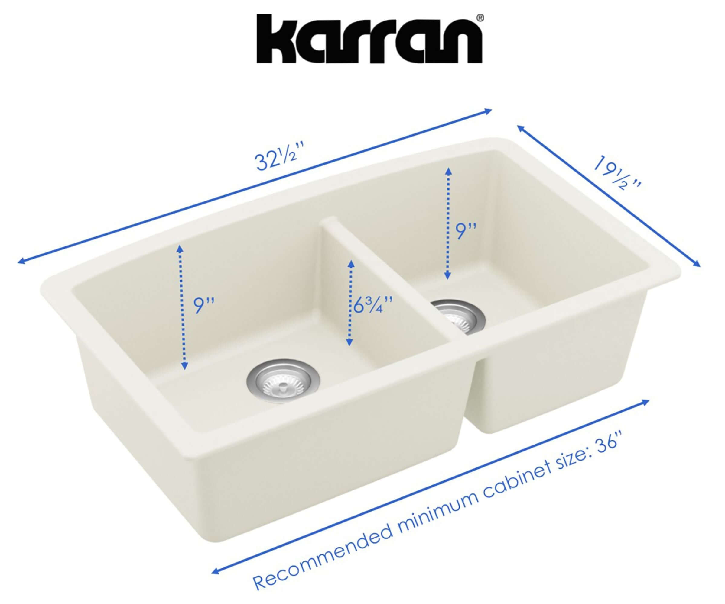 Alternate Image for Karran 32" Undermount Quartz Composite Kitchen Sink, 60/40 Double Bowl, White, QU-711-WH-PK1