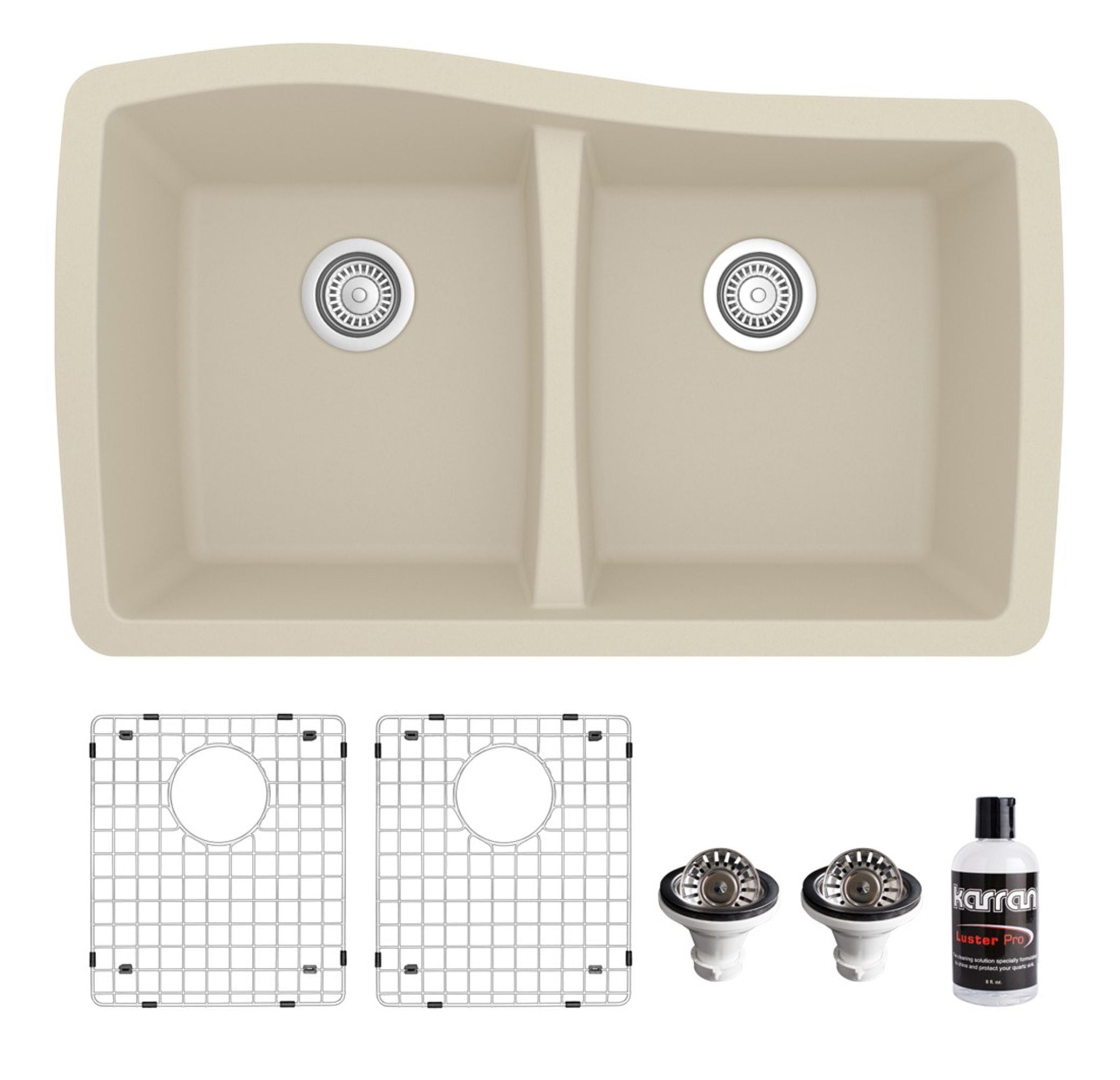 Karran 34" Undermount Quartz Composite Kitchen Sink with Accessories, 50/50 Double Bowl, Bisque, QU-720-BI-PK1