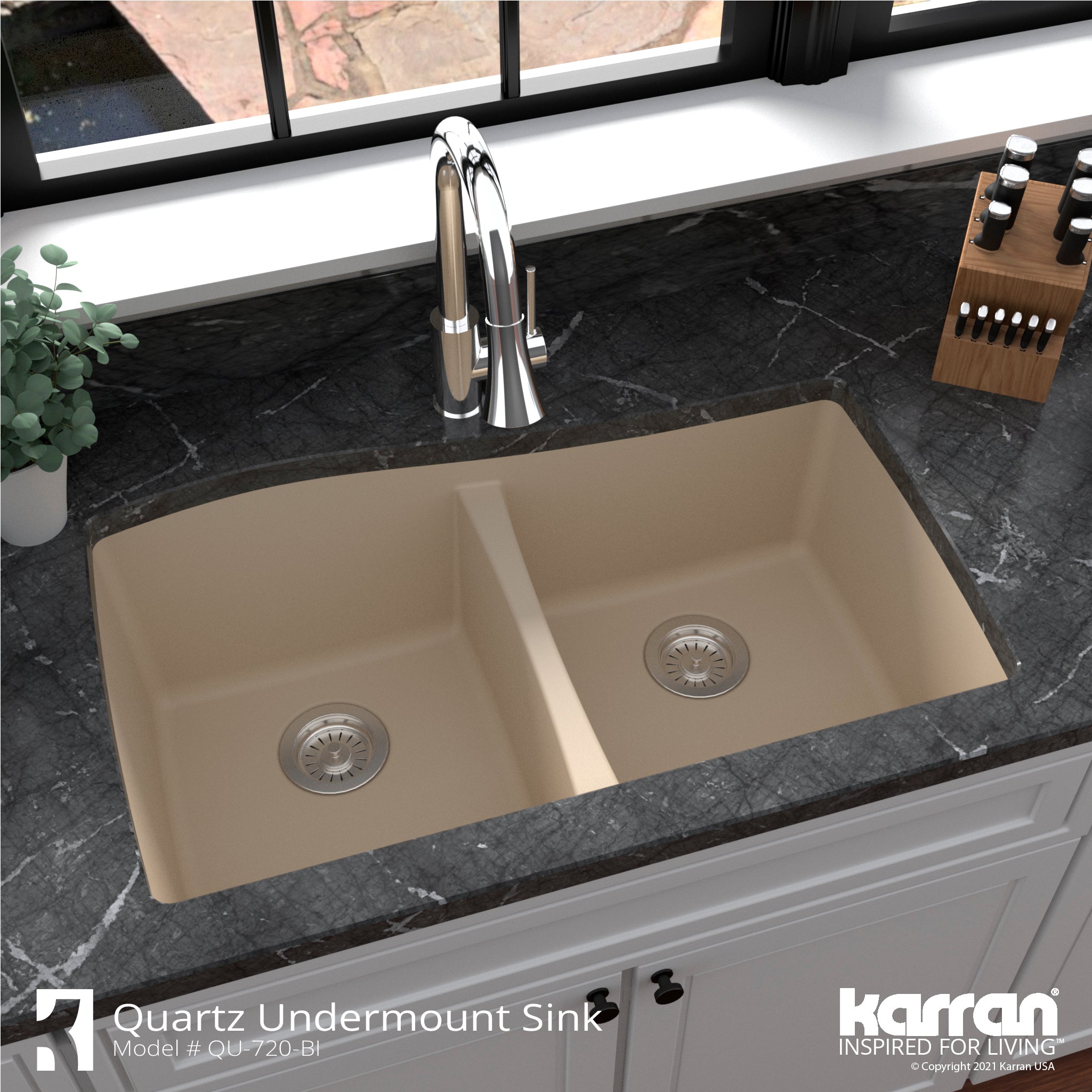 Alternate Image for Karran 34" Undermount Quartz Composite Kitchen Sink with Accessories, 50/50 Double Bowl, Bisque, QU-720-BI-PK1