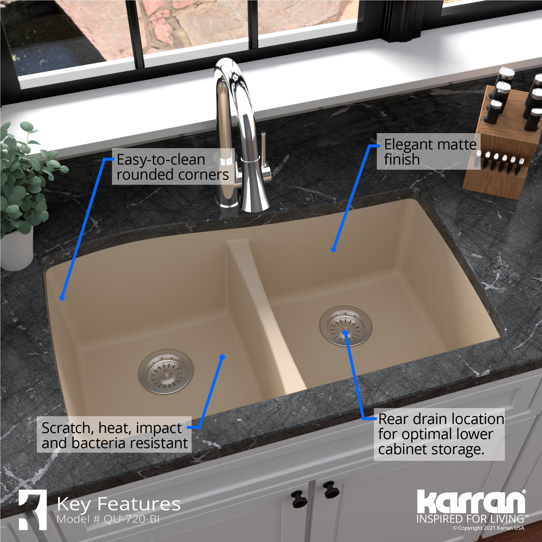 Alternate Image for Karran 34" Undermount Quartz Composite Kitchen Sink with Accessories, 50/50 Double Bowl, Bisque, QU-720-BI-PK1