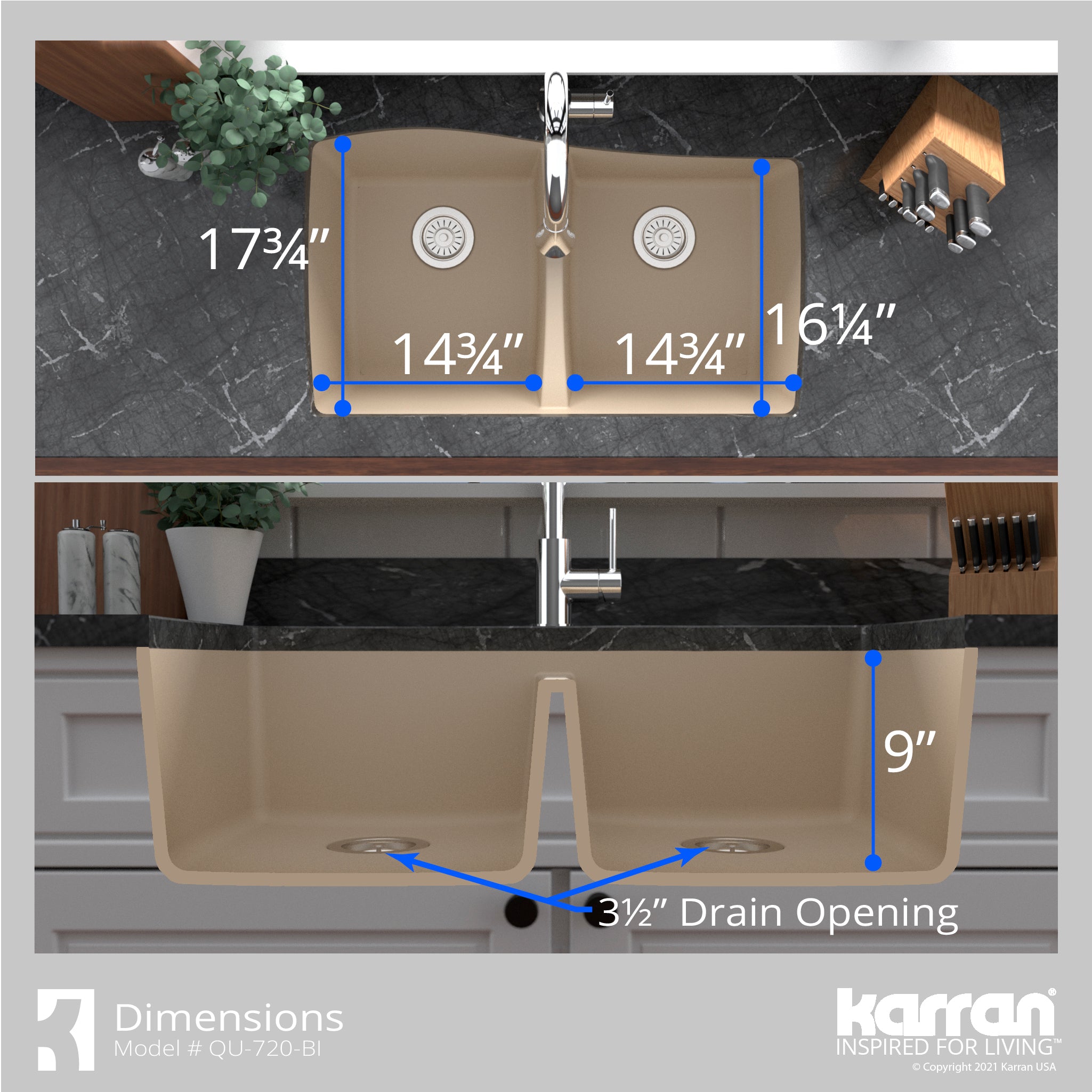 Alternate Image for Karran 34" Undermount Quartz Composite Kitchen Sink with Accessories, 50/50 Double Bowl, Bisque, QU-720-BI-PK1