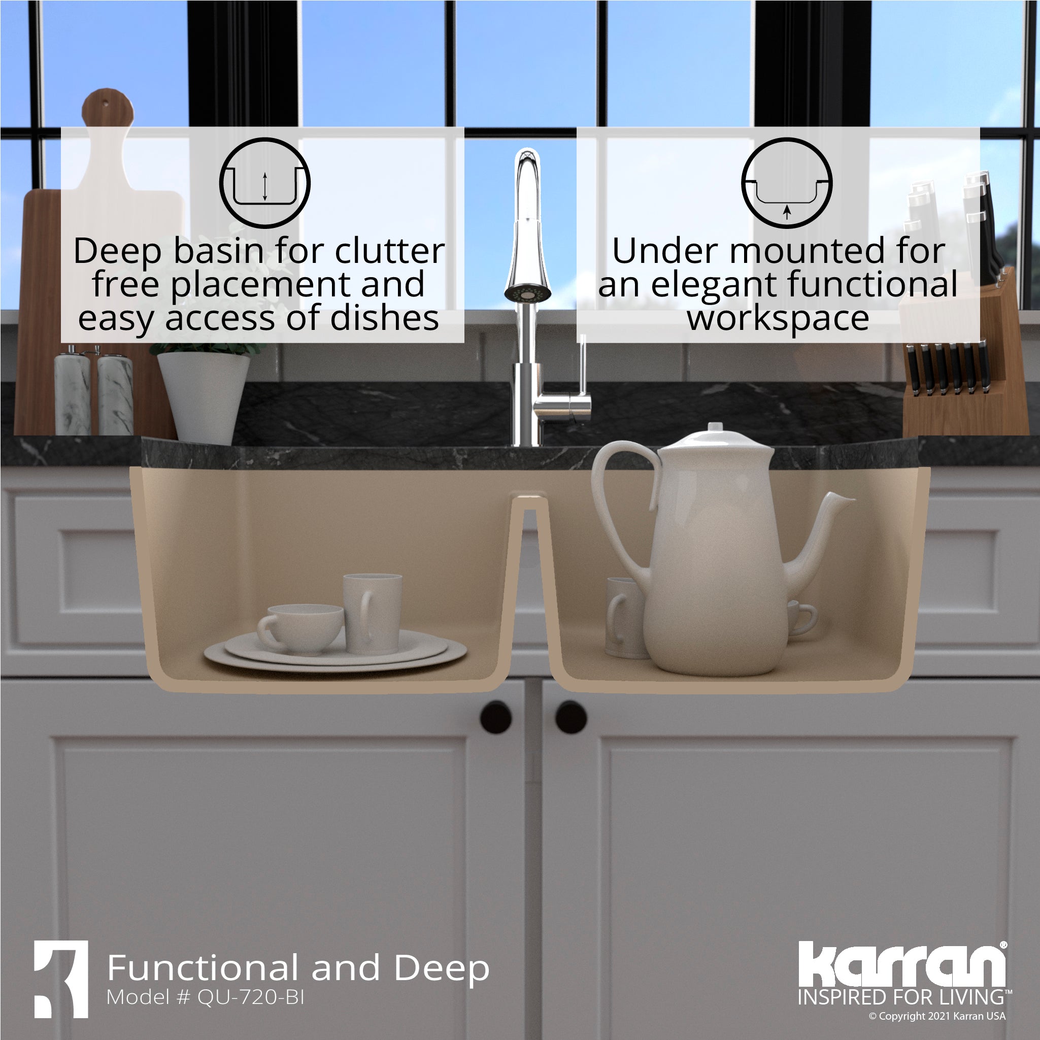 Alternate Image for Karran 34" Undermount Quartz Composite Kitchen Sink with Accessories, 50/50 Double Bowl, Bisque, QU-720-BI-PK1