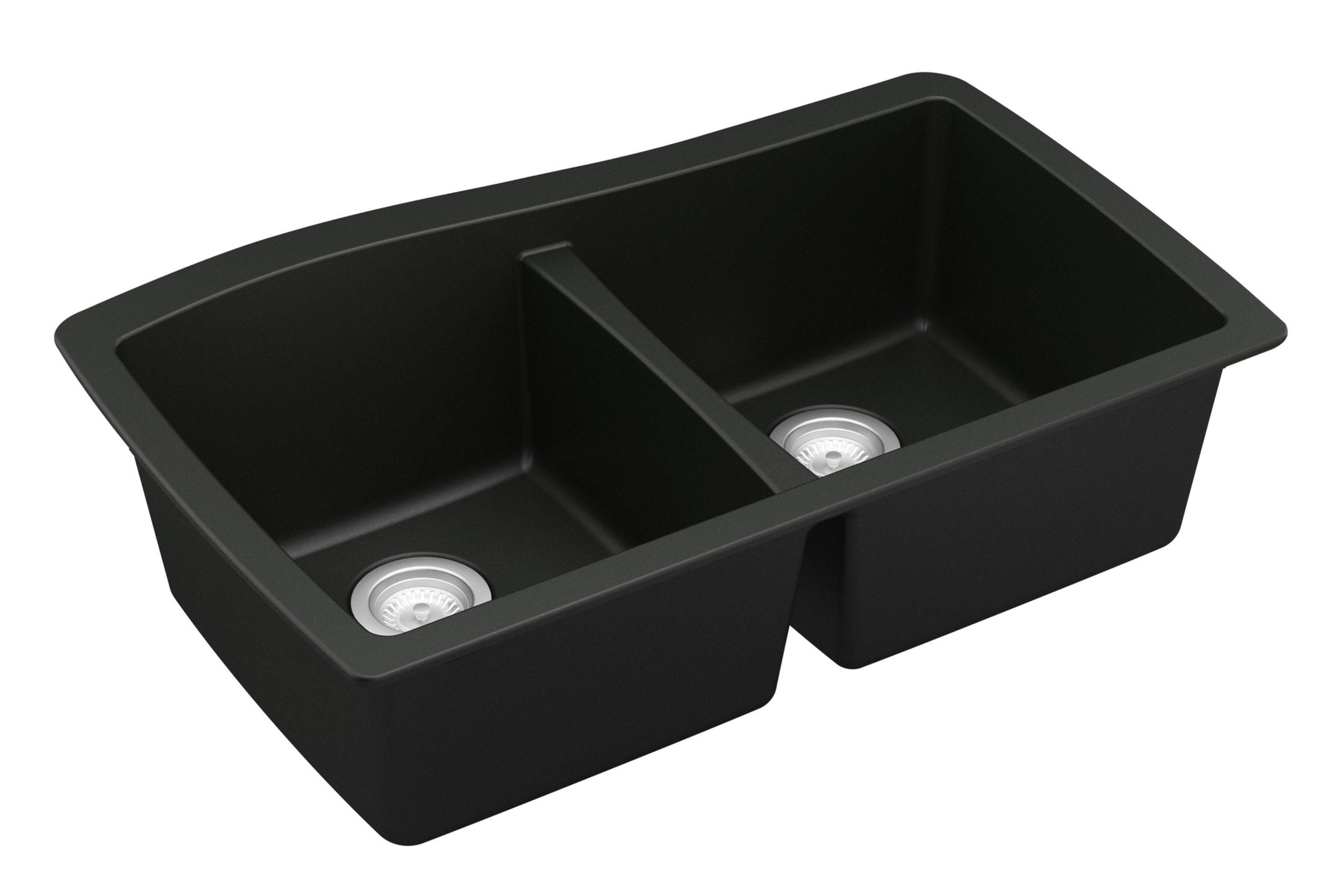 Alternate Image for Karran 34" Undermount Quartz Composite Kitchen Sink with Accessories, 50/50 Double Bowl, Black, QU-720-BL-PK1