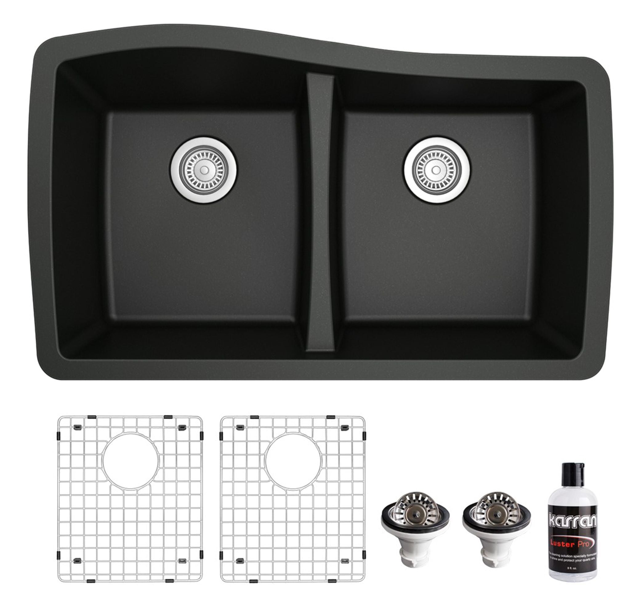 Karran 34" Undermount Quartz Composite Kitchen Sink with Accessories, 50/50 Double Bowl, Black, QU-720-BL-PK1