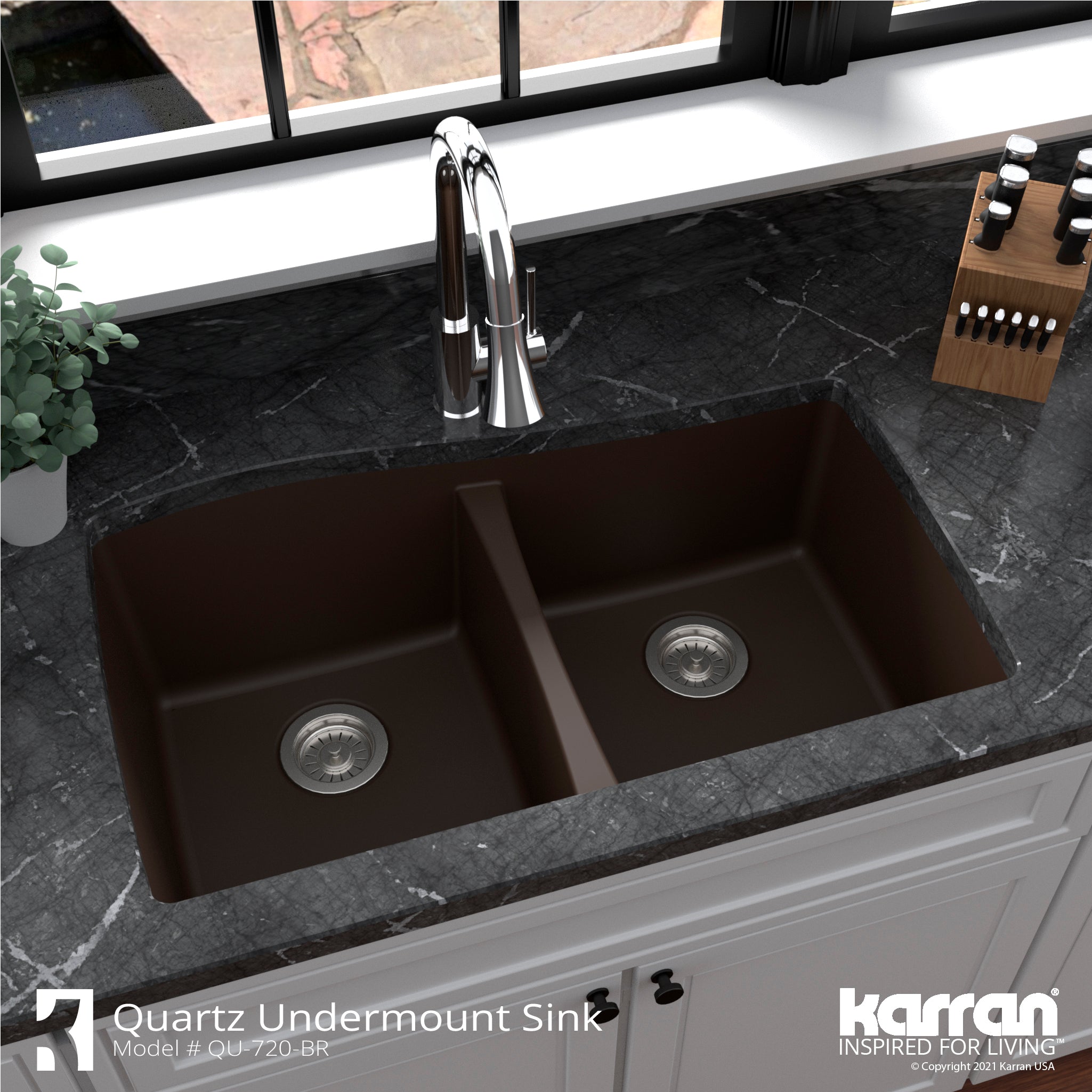 Alternate Image for Karran 34" Undermount Quartz Composite Kitchen Sink with Accessories, 50/50 Double Bowl, Brown, QU-720-BR-PK1