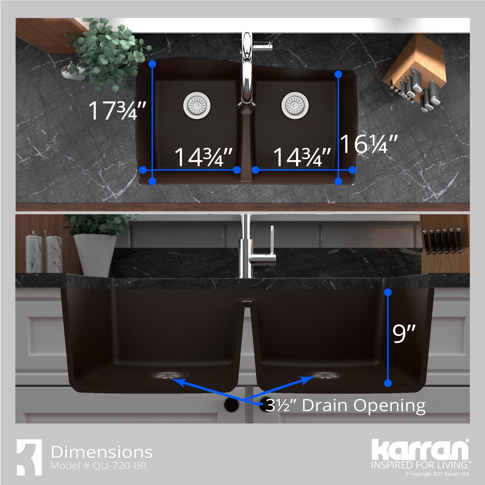 Alternate Image for Karran 34" Undermount Quartz Composite Kitchen Sink with Accessories, 50/50 Double Bowl, Brown, QU-720-BR-PK1