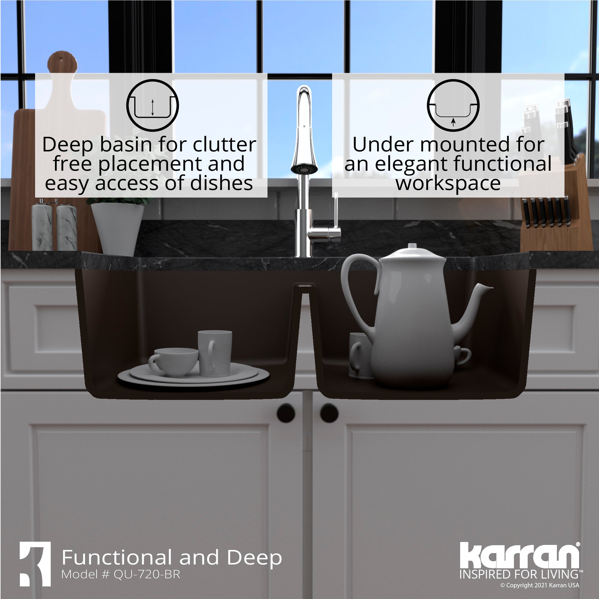 Alternate Image for Karran 34" Undermount Quartz Composite Kitchen Sink with Accessories, 50/50 Double Bowl, Brown, QU-720-BR-PK1