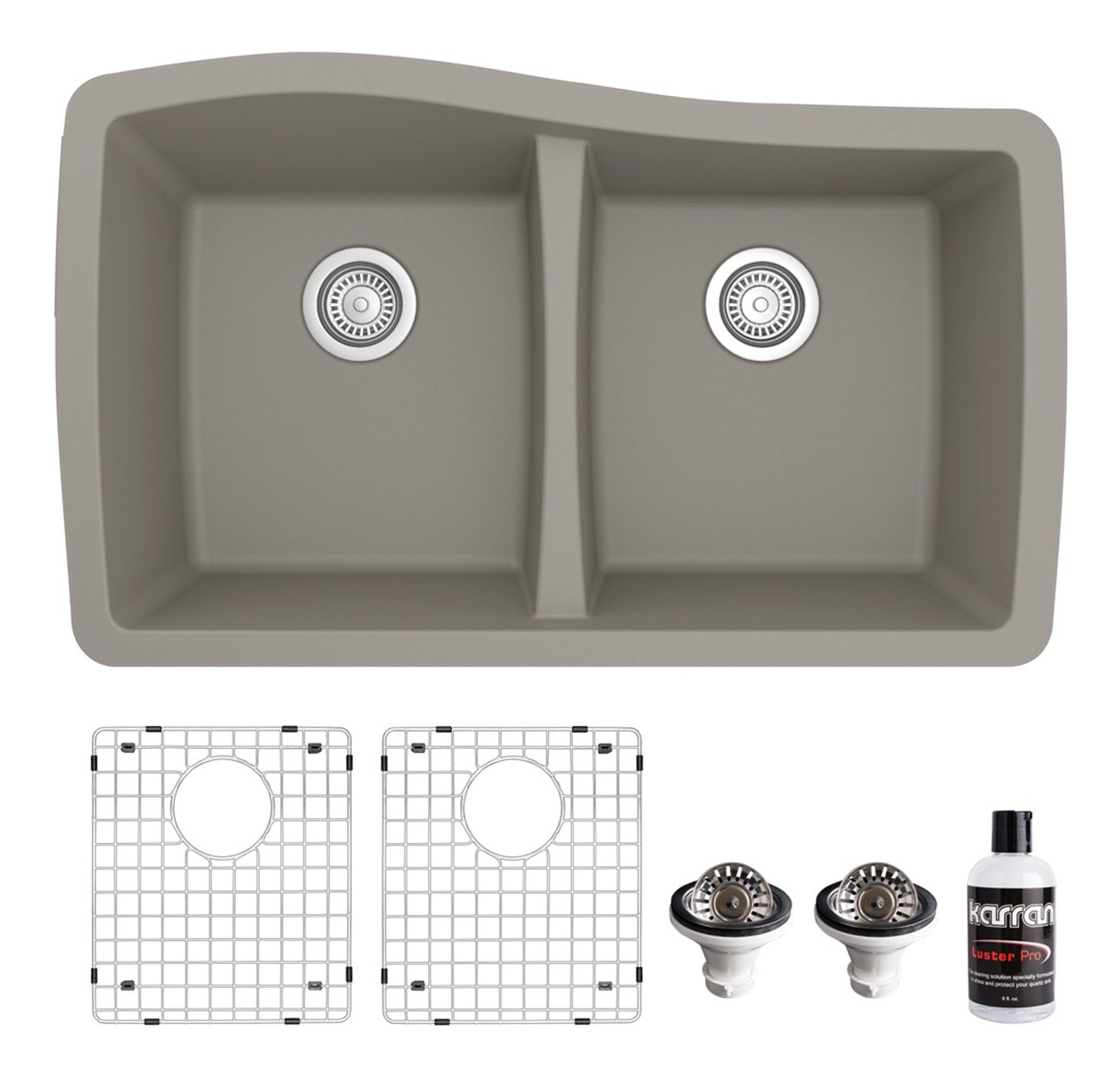 Alternate Image for Karran 34" Undermount Quartz Composite Kitchen Sink with Accessories, 50/50 Double Bowl, Concrete, QU-720-CN-PK1