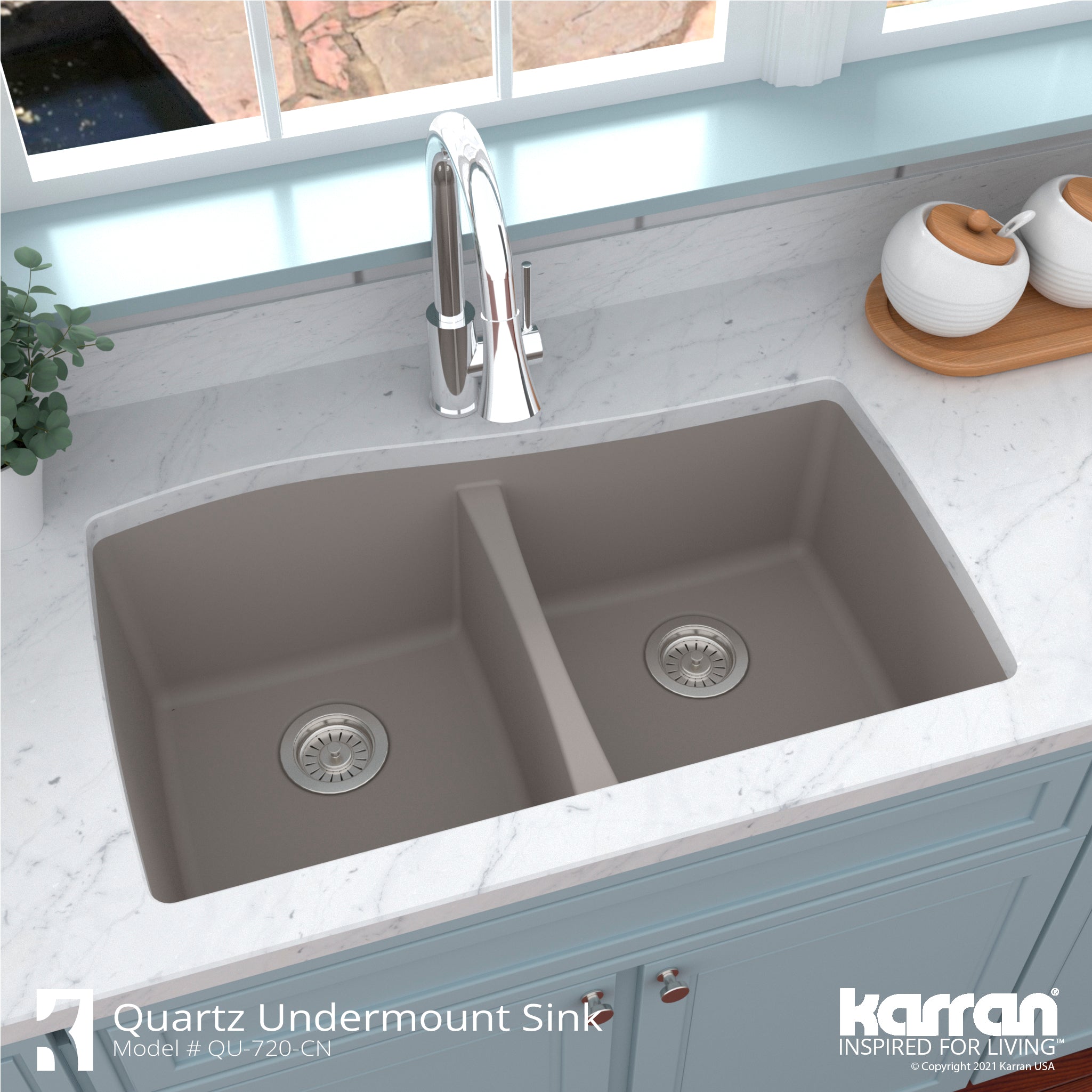 Alternate Image for Karran 34" Undermount Quartz Composite Kitchen Sink with Accessories, 50/50 Double Bowl, Concrete, QU-720-CN-PK1