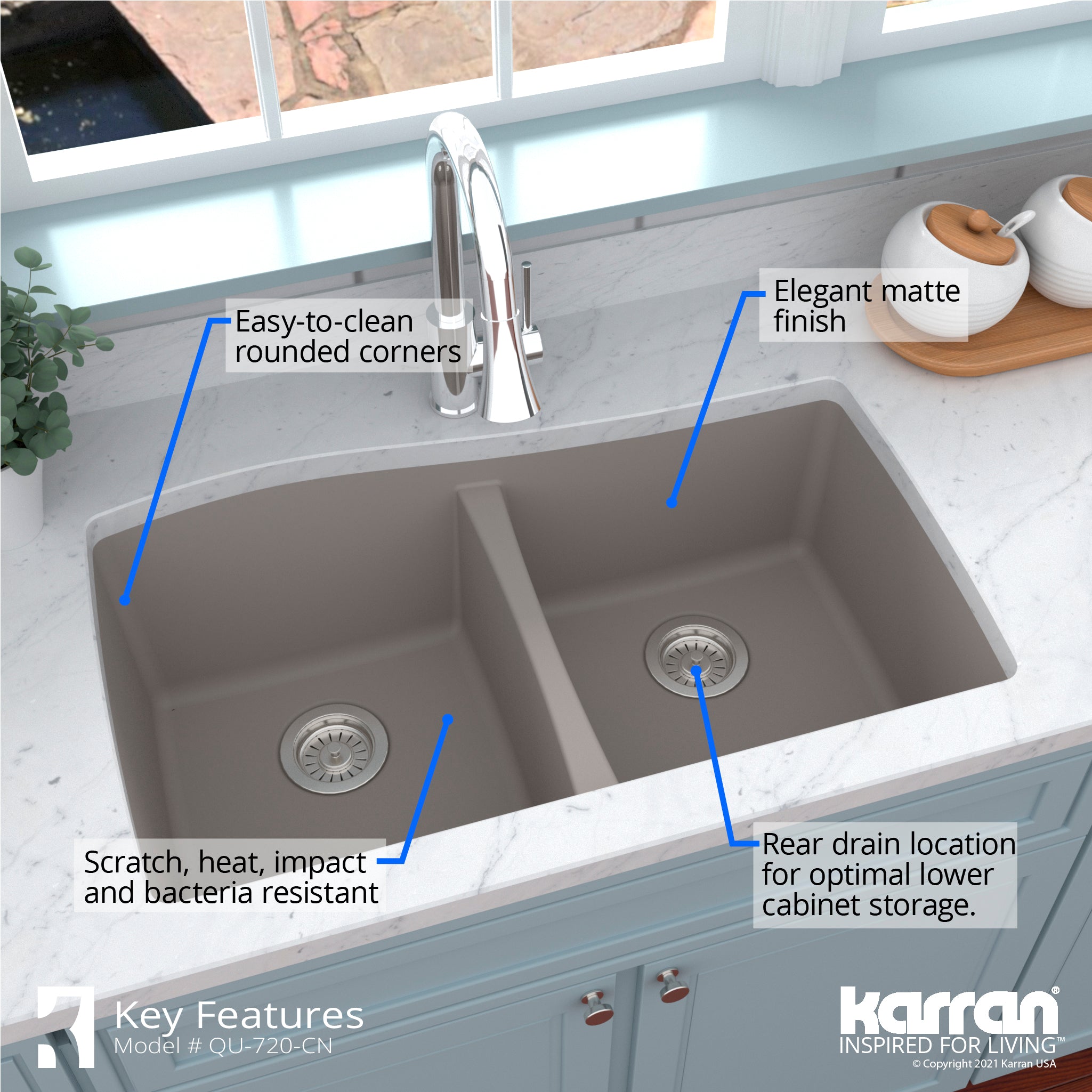 Alternate Image for Karran 34" Undermount Quartz Composite Kitchen Sink with Accessories, 50/50 Double Bowl, Concrete, QU-720-CN-PK1