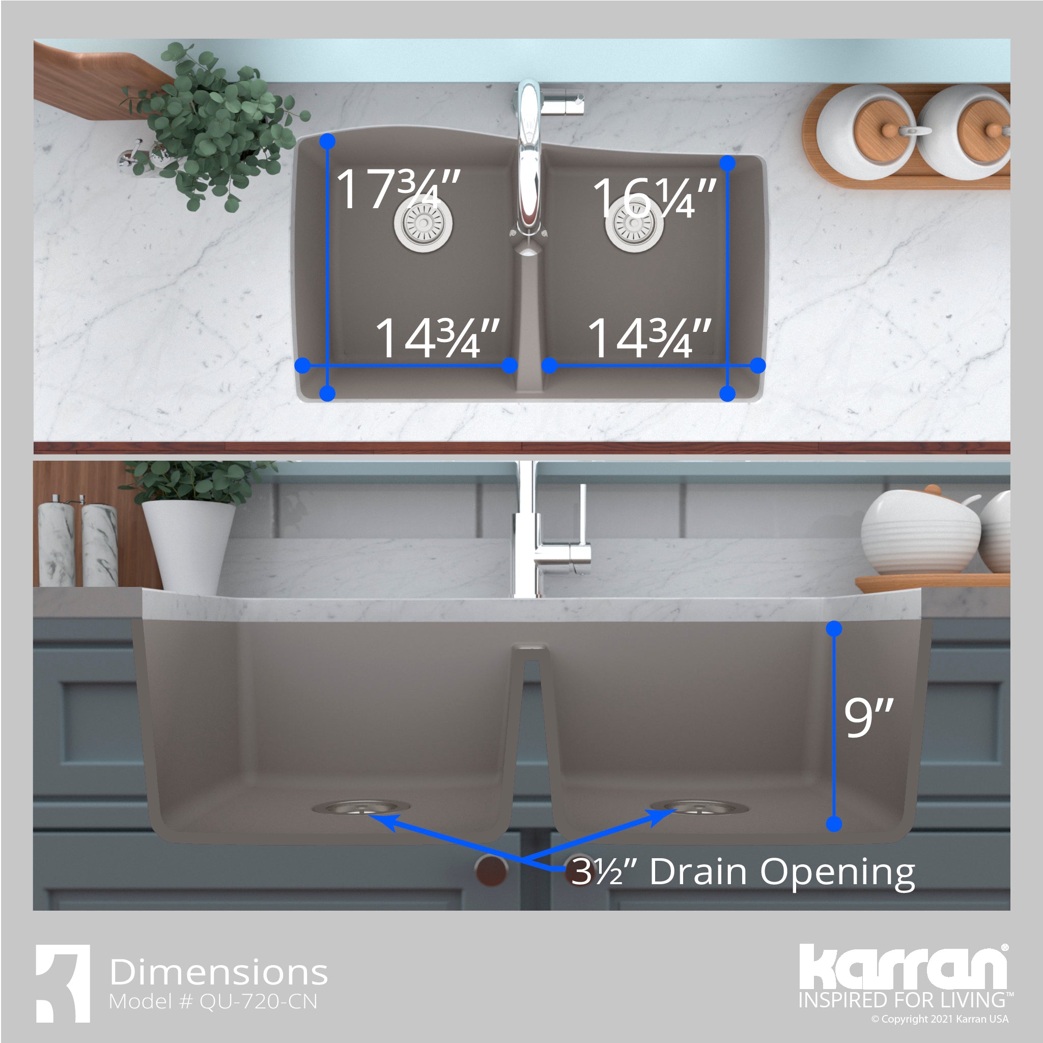 Alternate Image for Karran 34" Undermount Quartz Composite Kitchen Sink with Accessories, 50/50 Double Bowl, Concrete, QU-720-CN-PK1