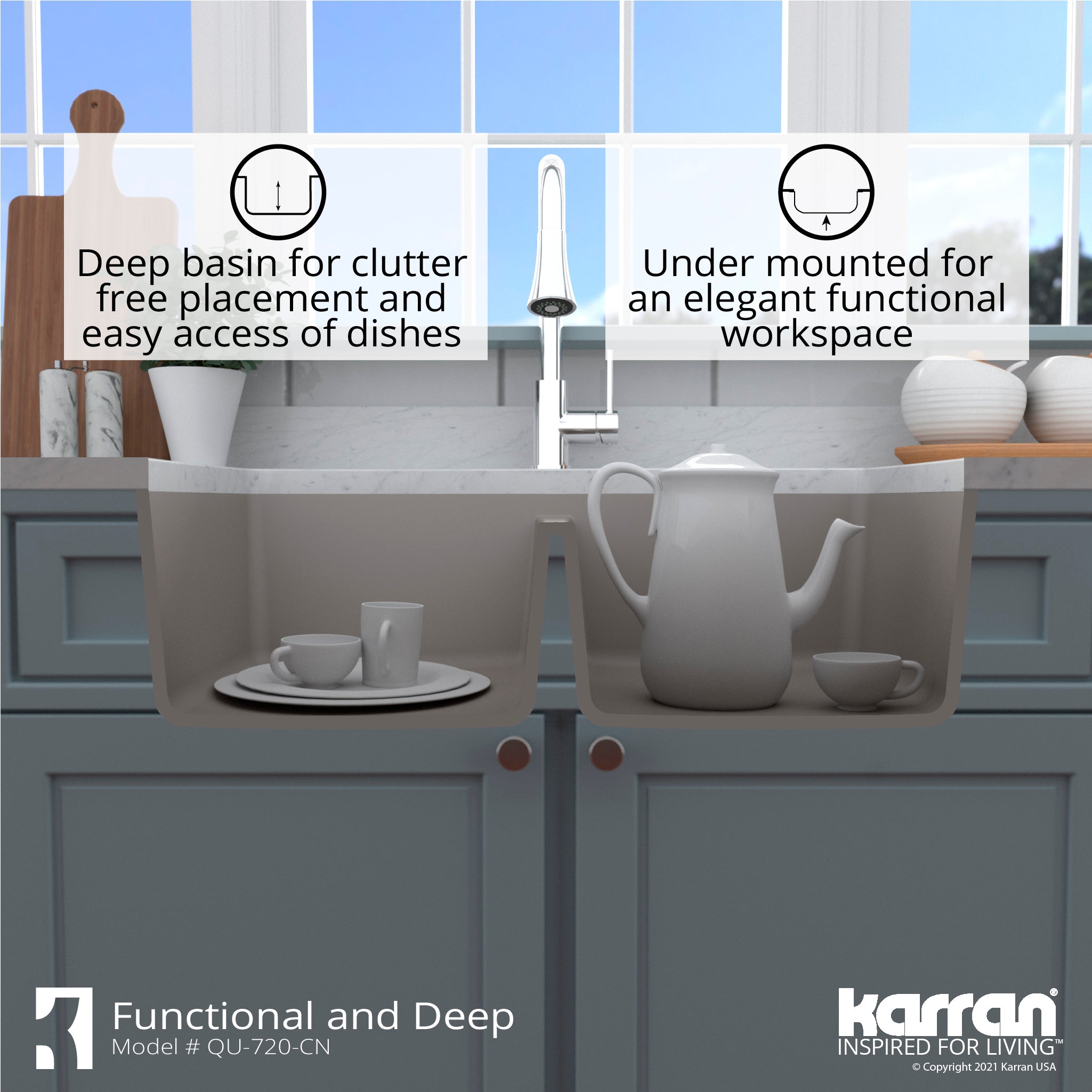 Alternate Image for Karran 34" Undermount Quartz Composite Kitchen Sink with Accessories, 50/50 Double Bowl, Concrete, QU-720-CN-PK1