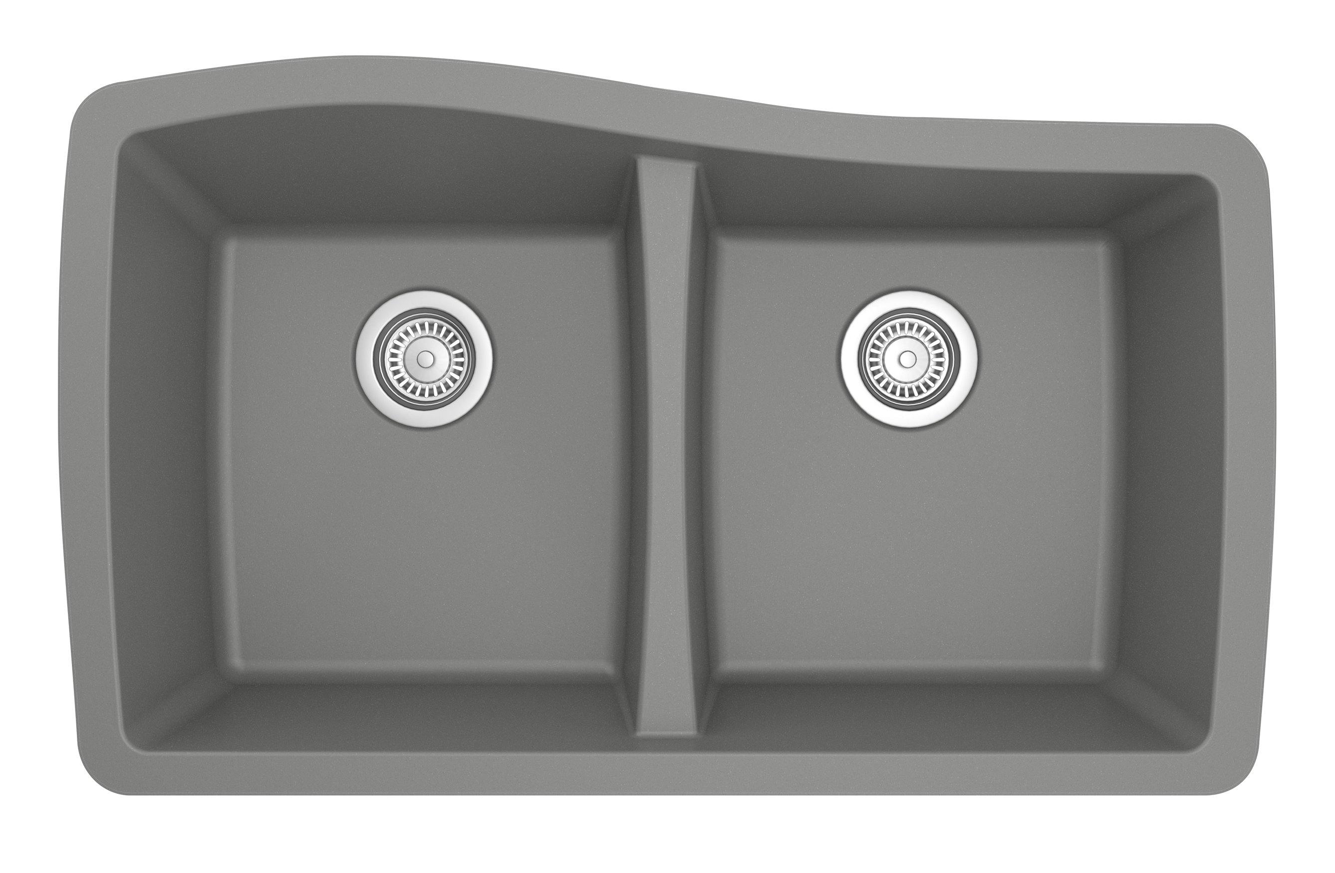 Karran 34" Undermount Quartz Composite Kitchen Sink, 50/50 Double Bowl, Grey, QU-720-GR