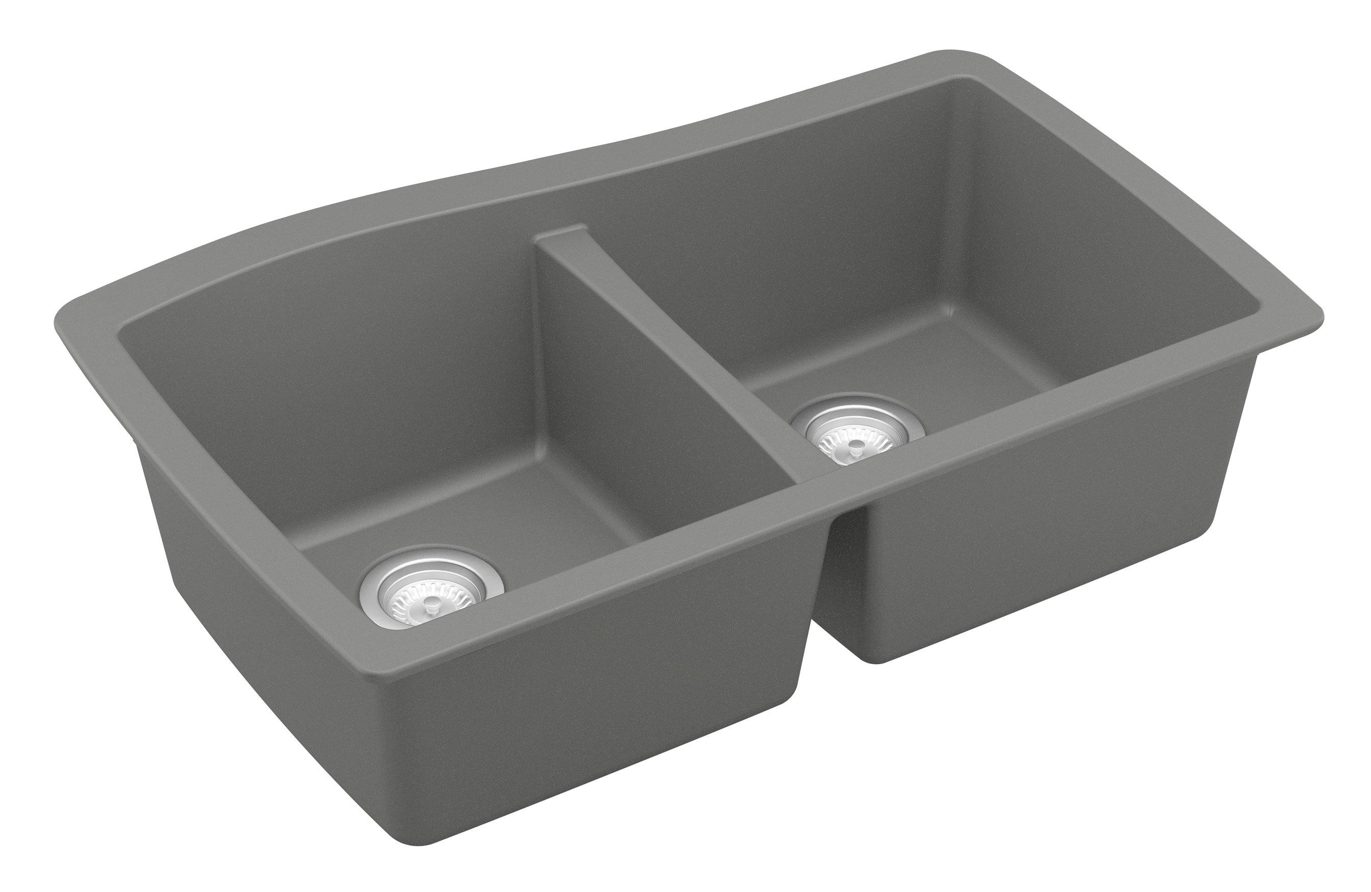 Alternate Image for Karran 34" Undermount Quartz Composite Kitchen Sink, 50/50 Double Bowl, Grey, QU-720-GR