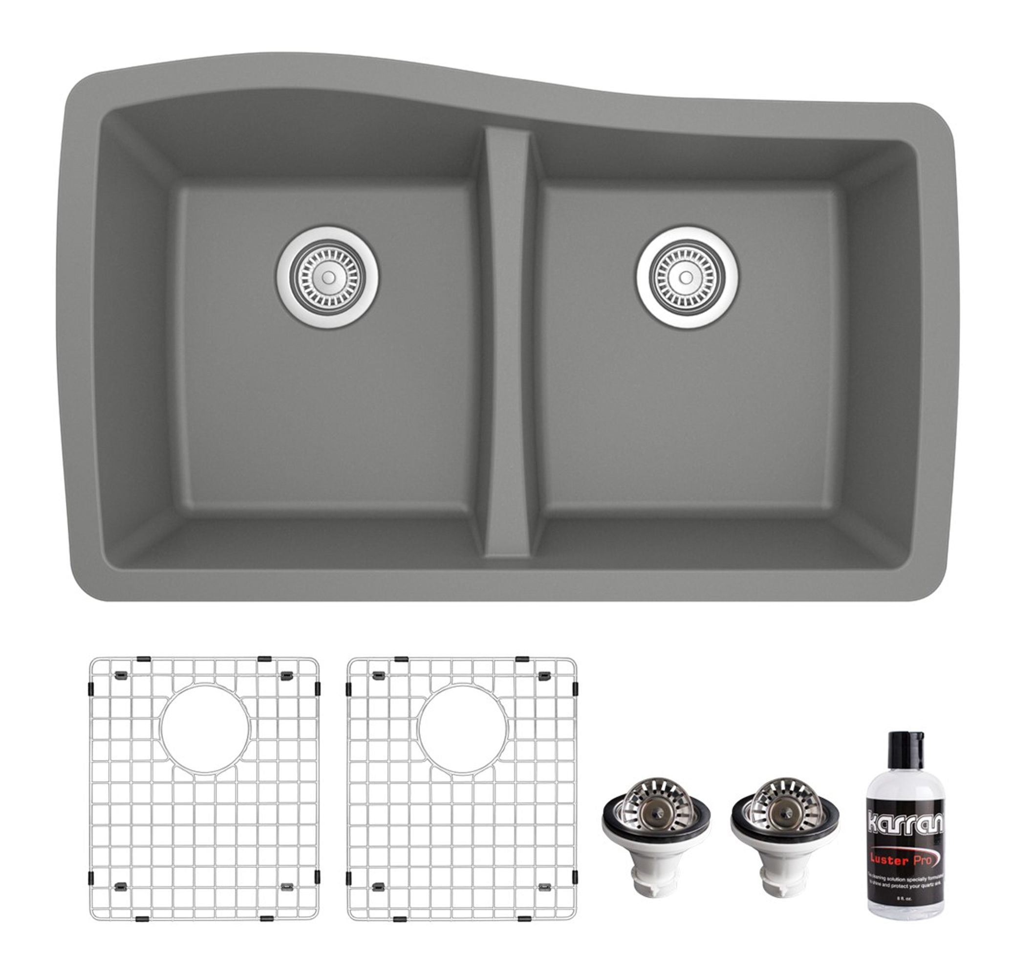 Karran 34" Undermount Quartz Composite Kitchen Sink with Accessories, 50/50 Double Bowl, Grey, QU-720-GR-PK1
