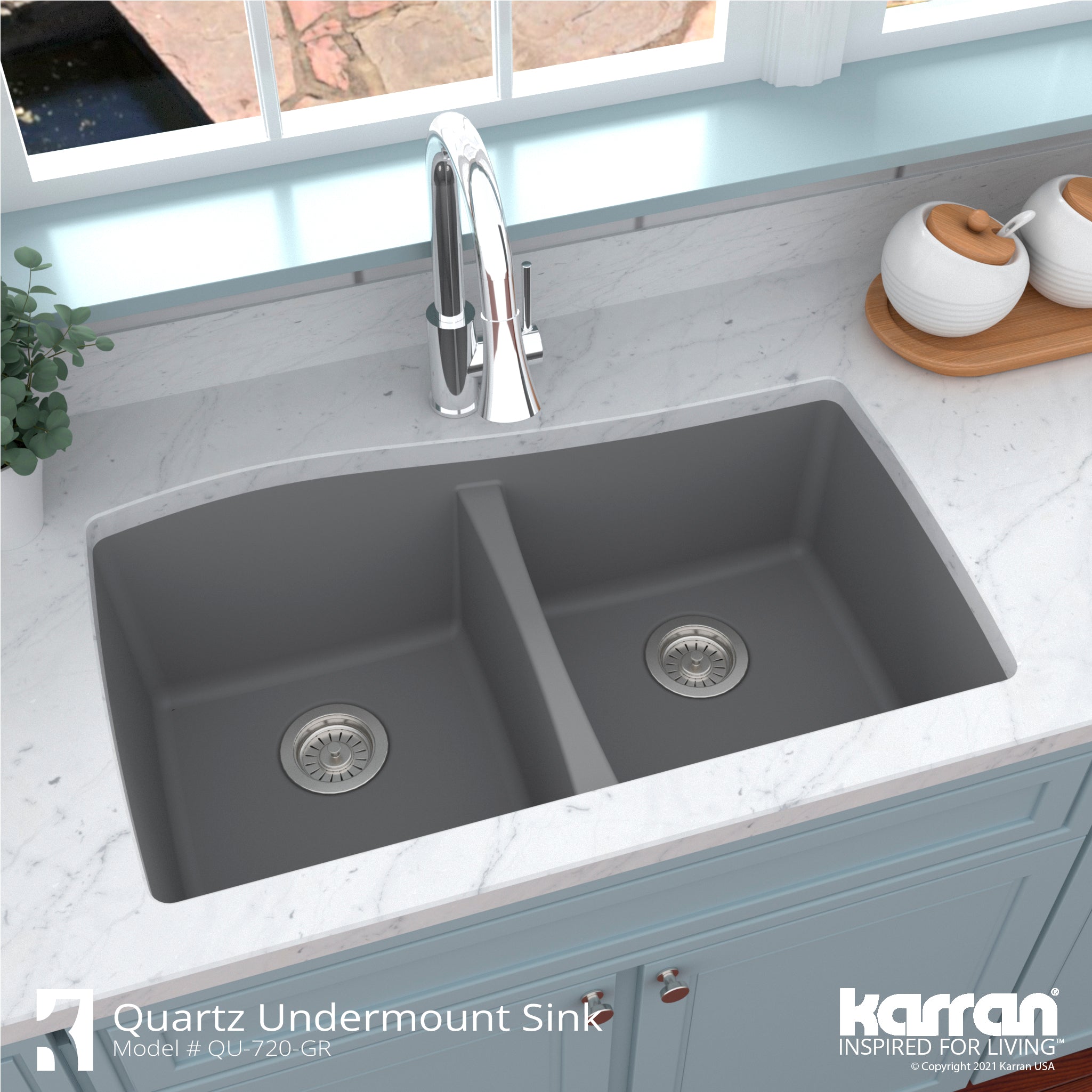 Alternate Image for Karran 34" Undermount Quartz Composite Kitchen Sink with Accessories, 50/50 Double Bowl, Grey, QU-720-GR-PK1