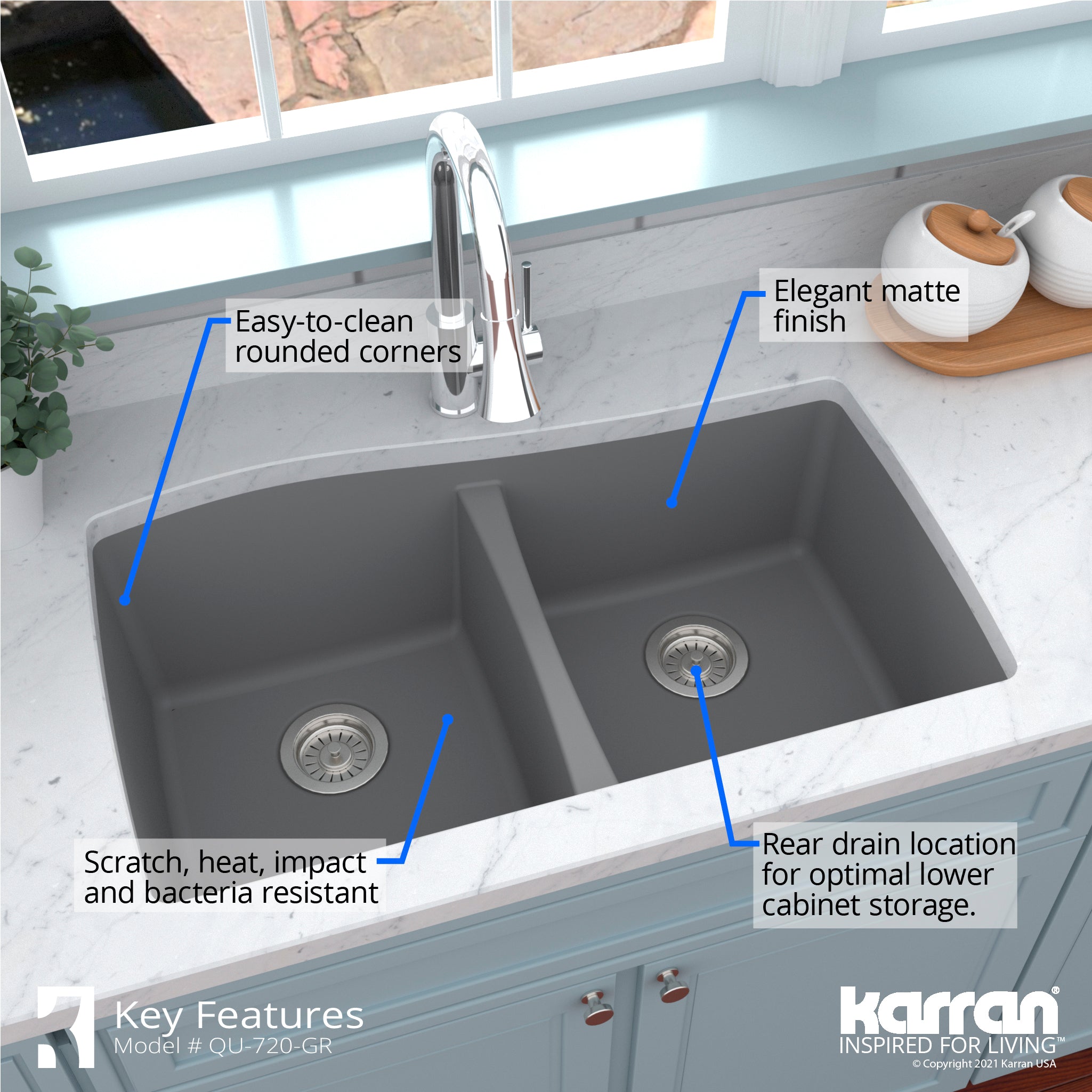 Alternate Image for Karran 34" Undermount Quartz Composite Kitchen Sink with Accessories, 50/50 Double Bowl, Grey, QU-720-GR-PK1