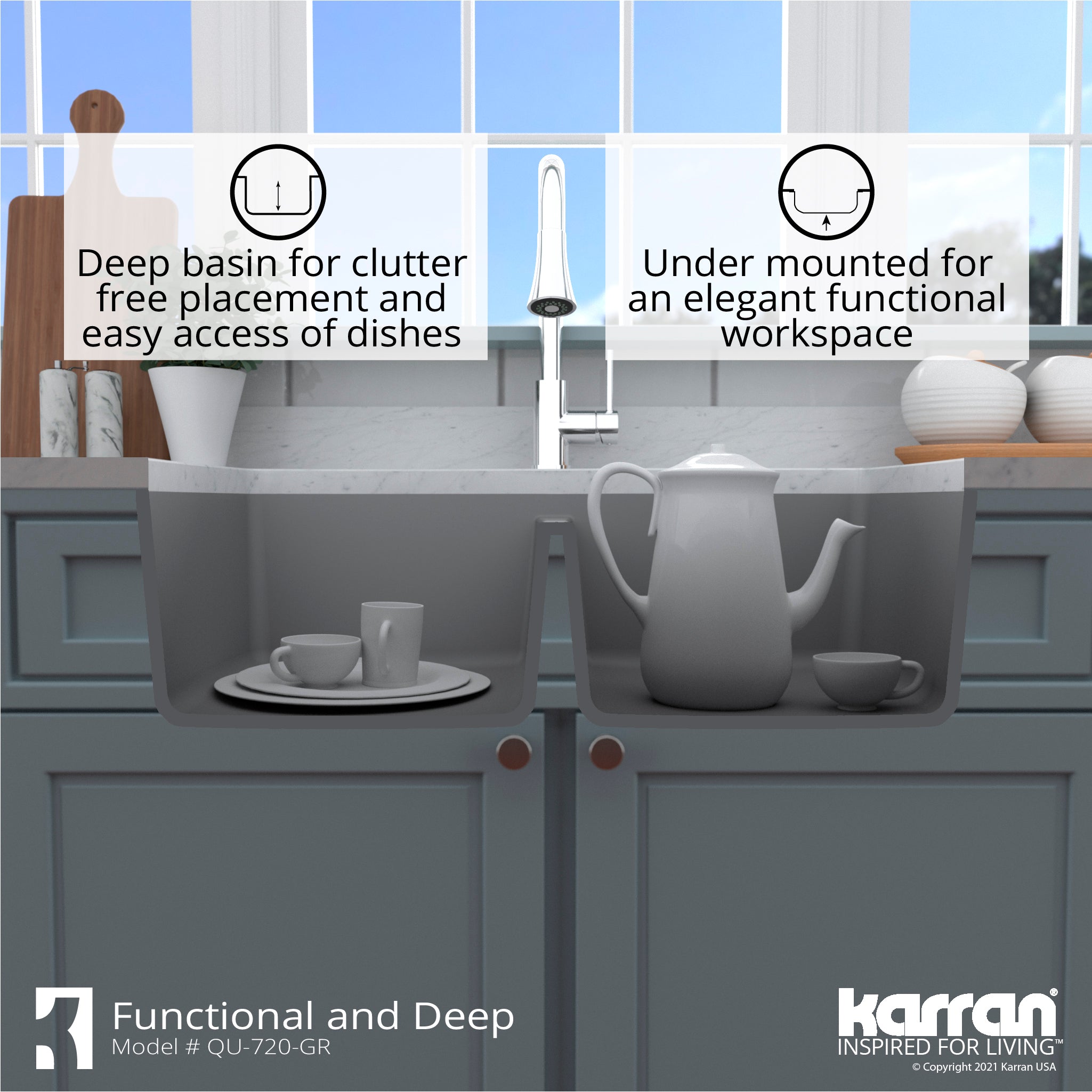 Alternate Image for Karran 34" Undermount Quartz Composite Kitchen Sink with Accessories, 50/50 Double Bowl, Grey, QU-720-GR-PK1