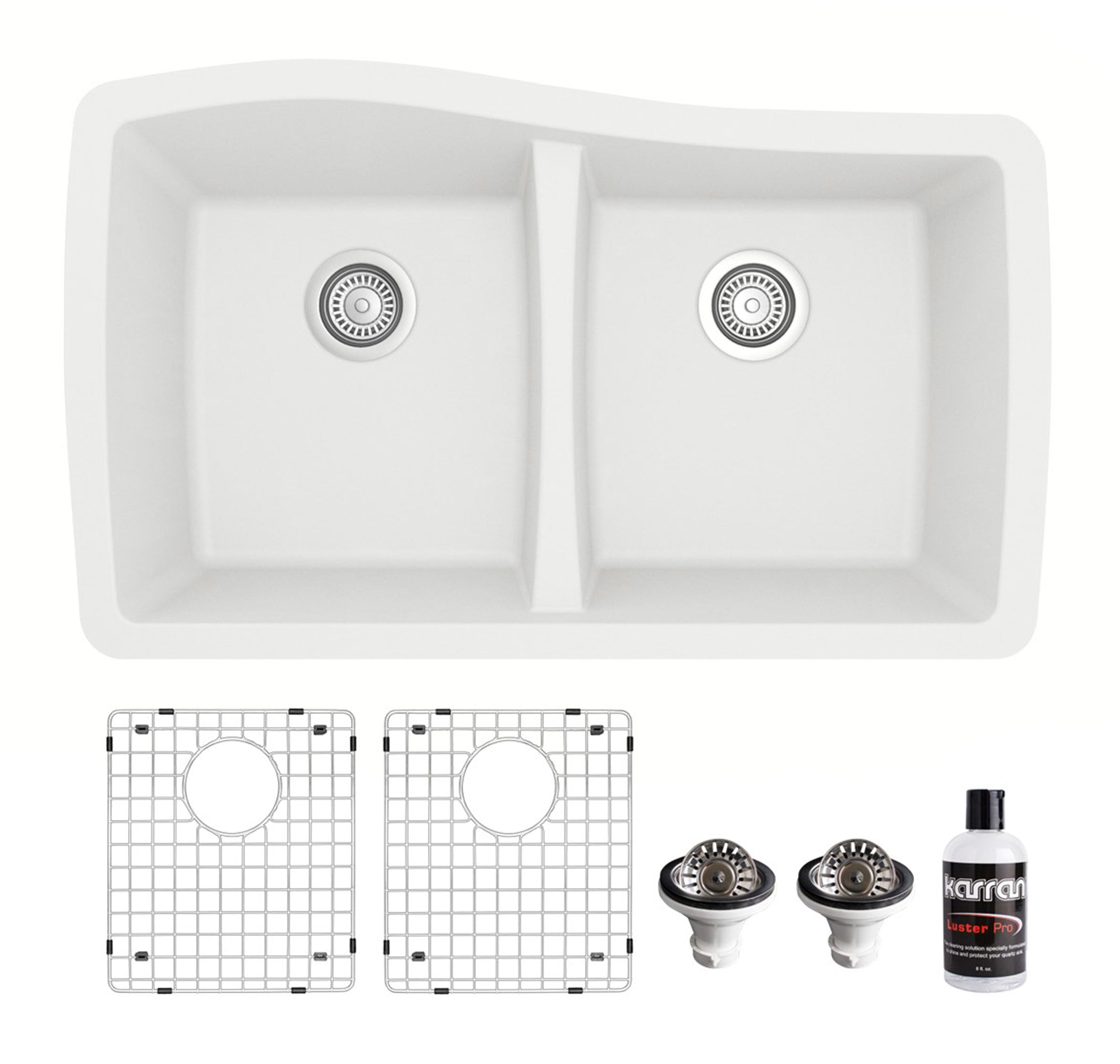 Karran 34" Undermount Quartz Composite Kitchen Sink with Accessories, 50/50 Double Bowl, White, QU-720-WH-PK1