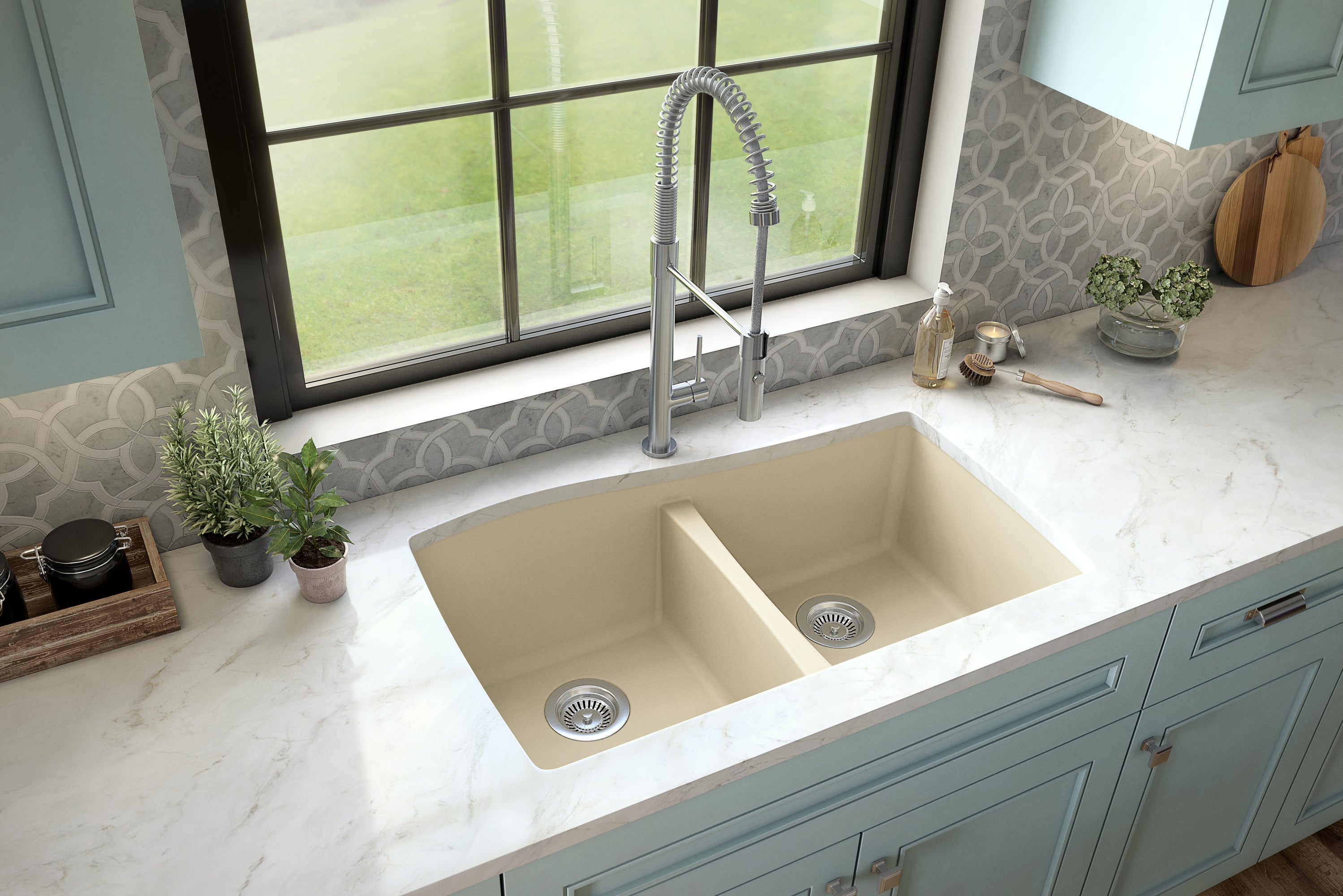 Karran 34" Undermount Quartz Composite Kitchen Sink with Accessories, 50/50 Double Bowl, Bisque, QU-720-BI-PK1