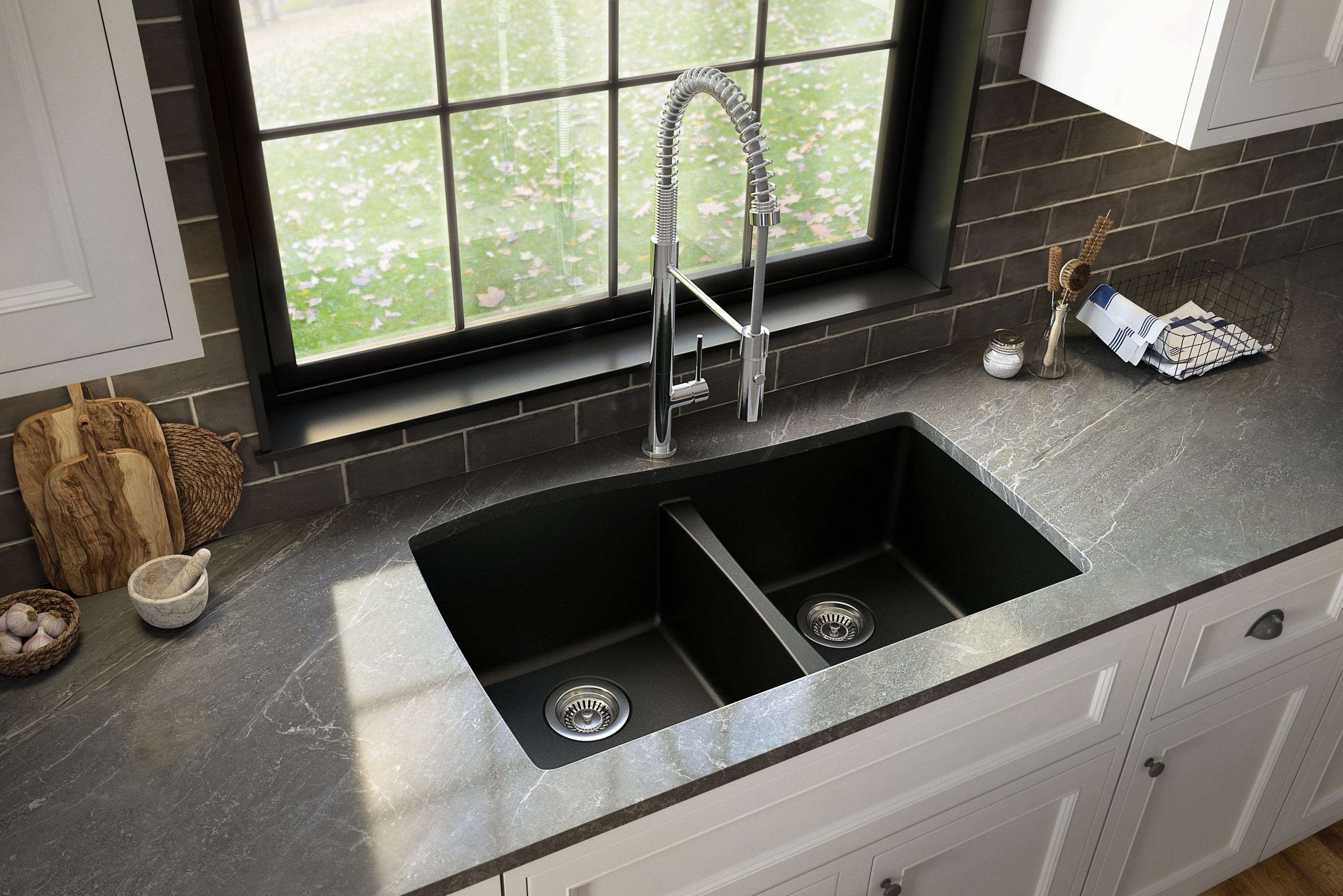 Karran 34" Undermount Quartz Composite Kitchen Sink with Accessories, 50/50 Double Bowl, Black, QU-720-BL-PK1