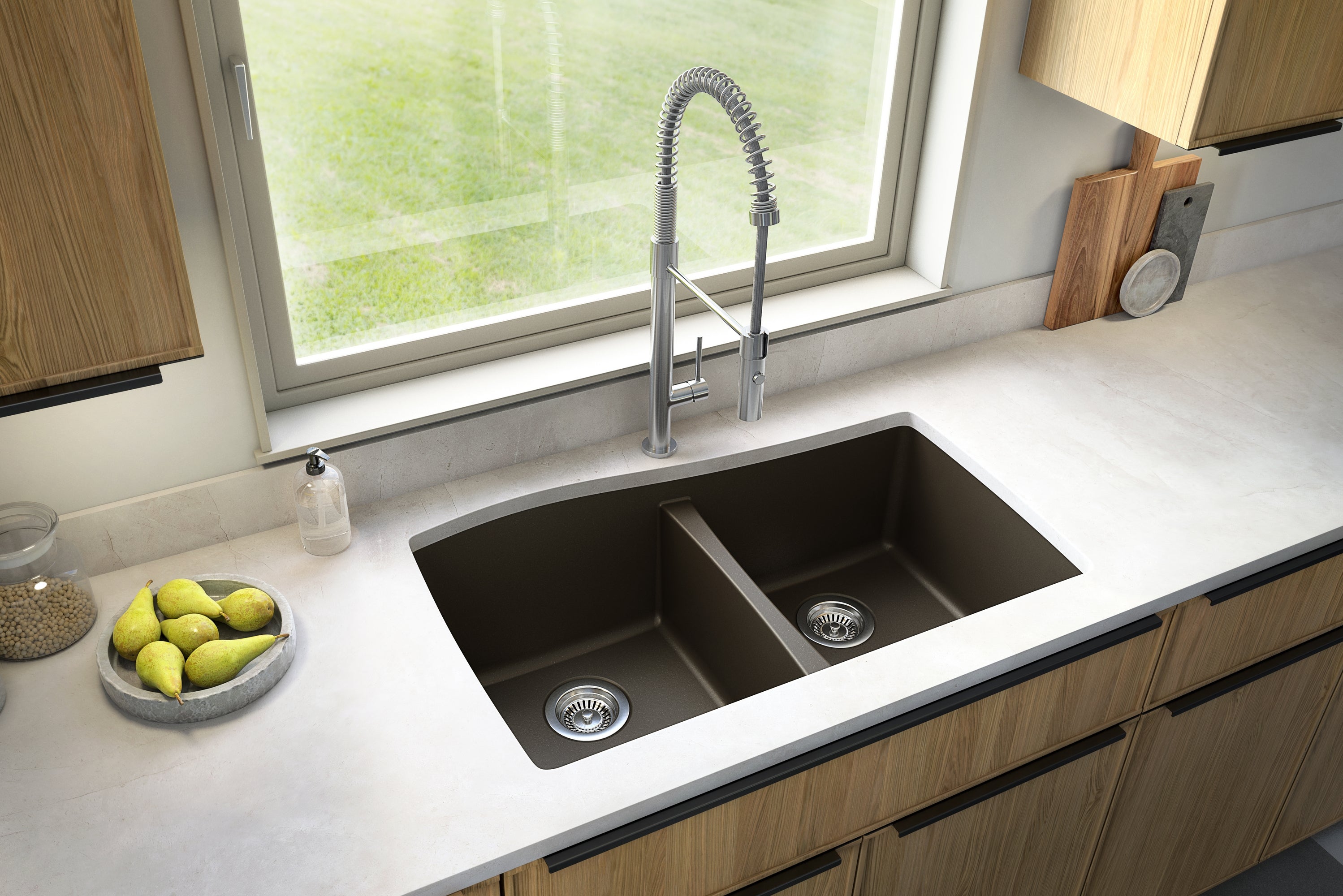 Karran 34" Undermount Quartz Composite Kitchen Sink with Accessories, 50/50 Double Bowl, Brown, QU-720-BR-PK1