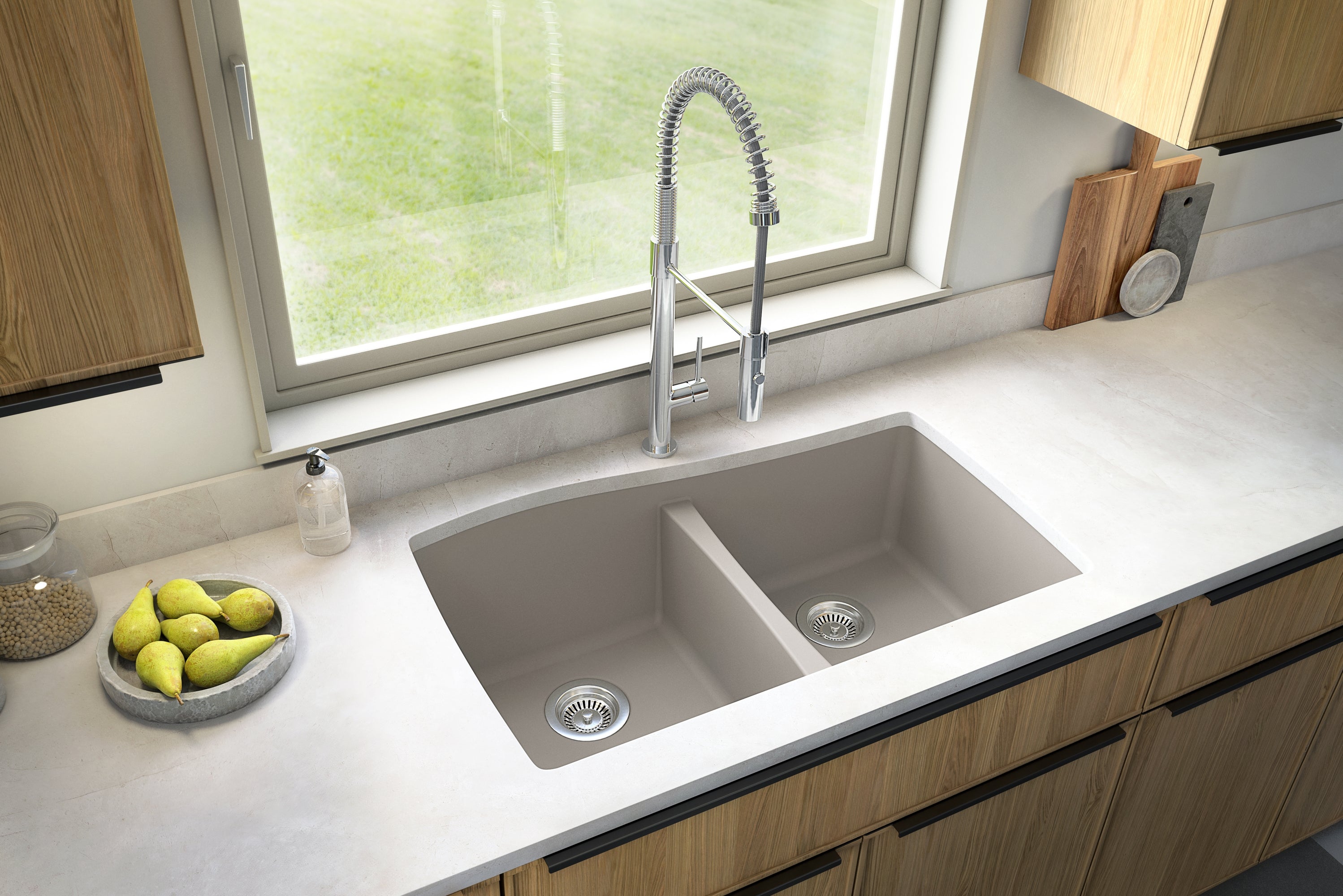 Karran 34" Undermount Quartz Composite Kitchen Sink with Accessories, 50/50 Double Bowl, Concrete, QU-720-CN-PK1