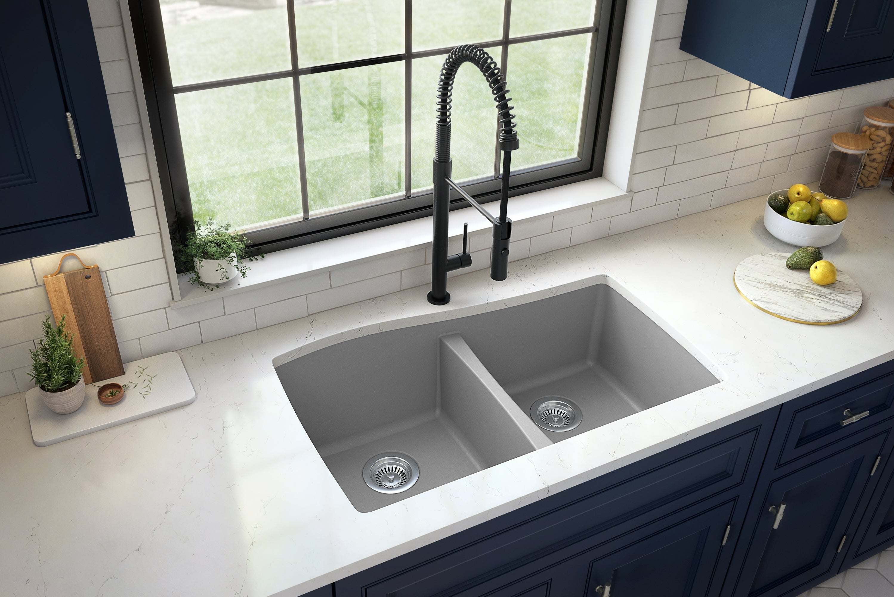 Karran 34" Undermount Quartz Composite Kitchen Sink with Accessories, 50/50 Double Bowl, Grey, QU-720-GR-PK1