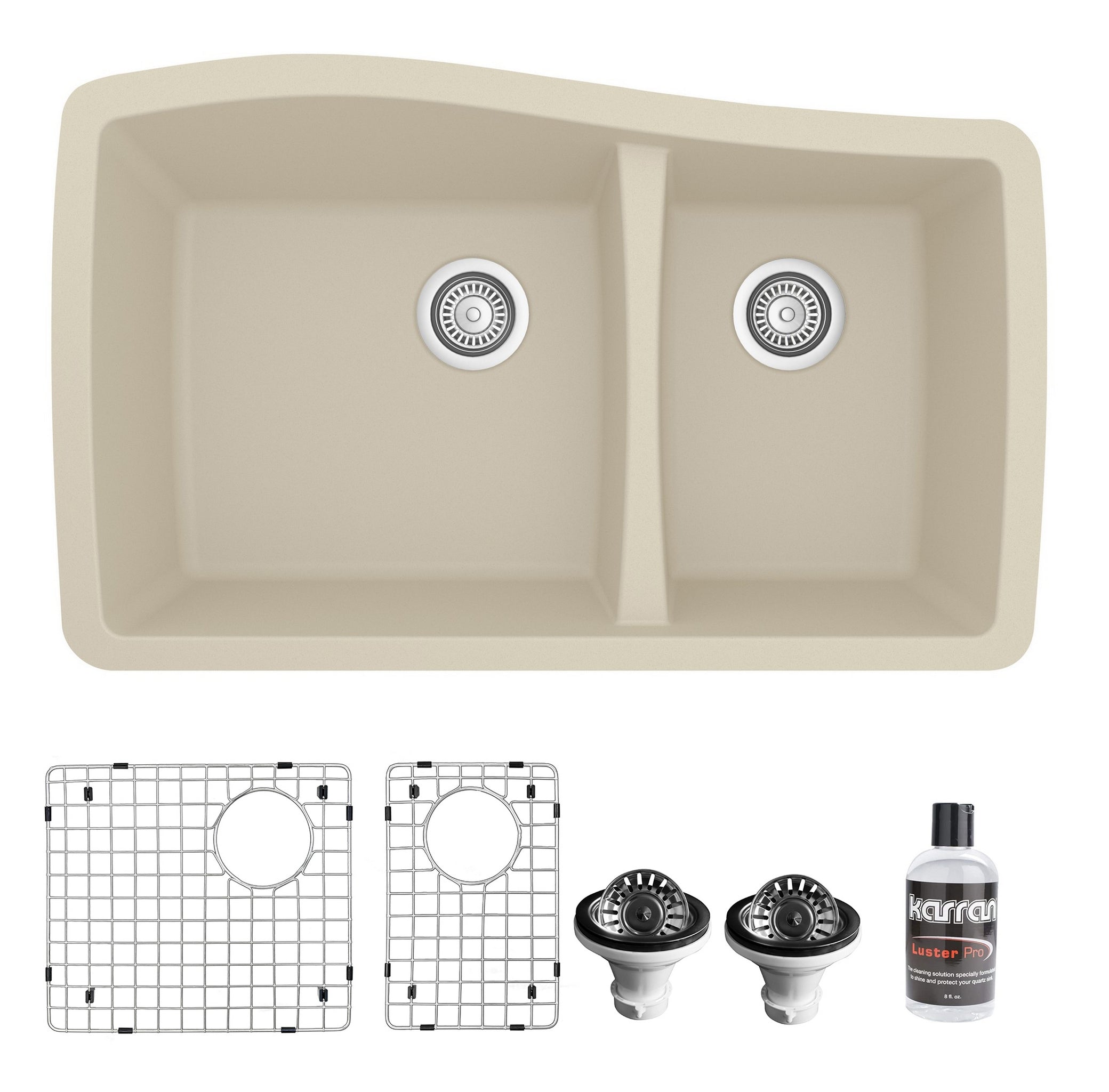 Karran 34" Undermount Quartz Composite Kitchen Sink with Accessories, 60/40 Double Bowl, Bisque, QU-721-BI-PK1