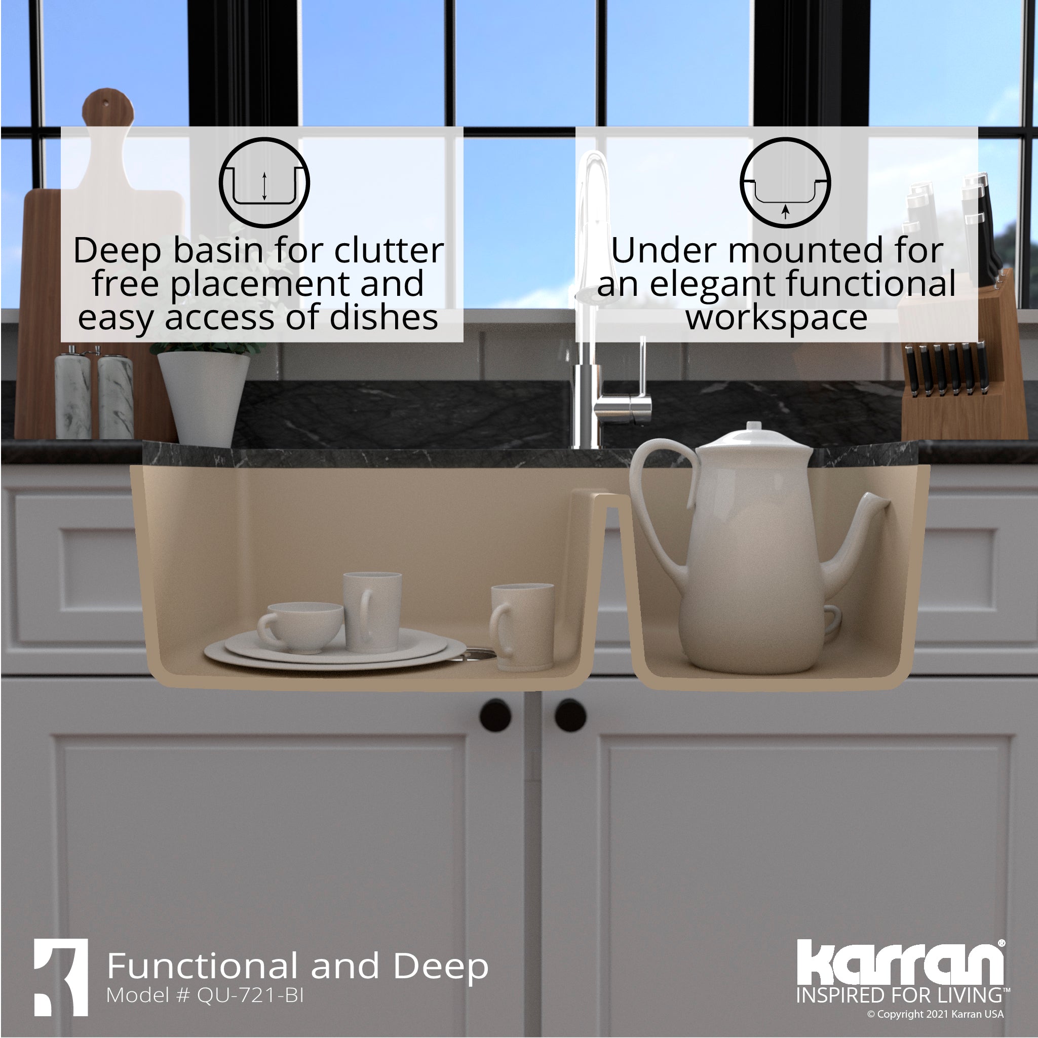 Alternate Image for Karran 34" Undermount Quartz Composite Kitchen Sink with Accessories, 60/40 Double Bowl, Bisque, QU-721-BI-PK1