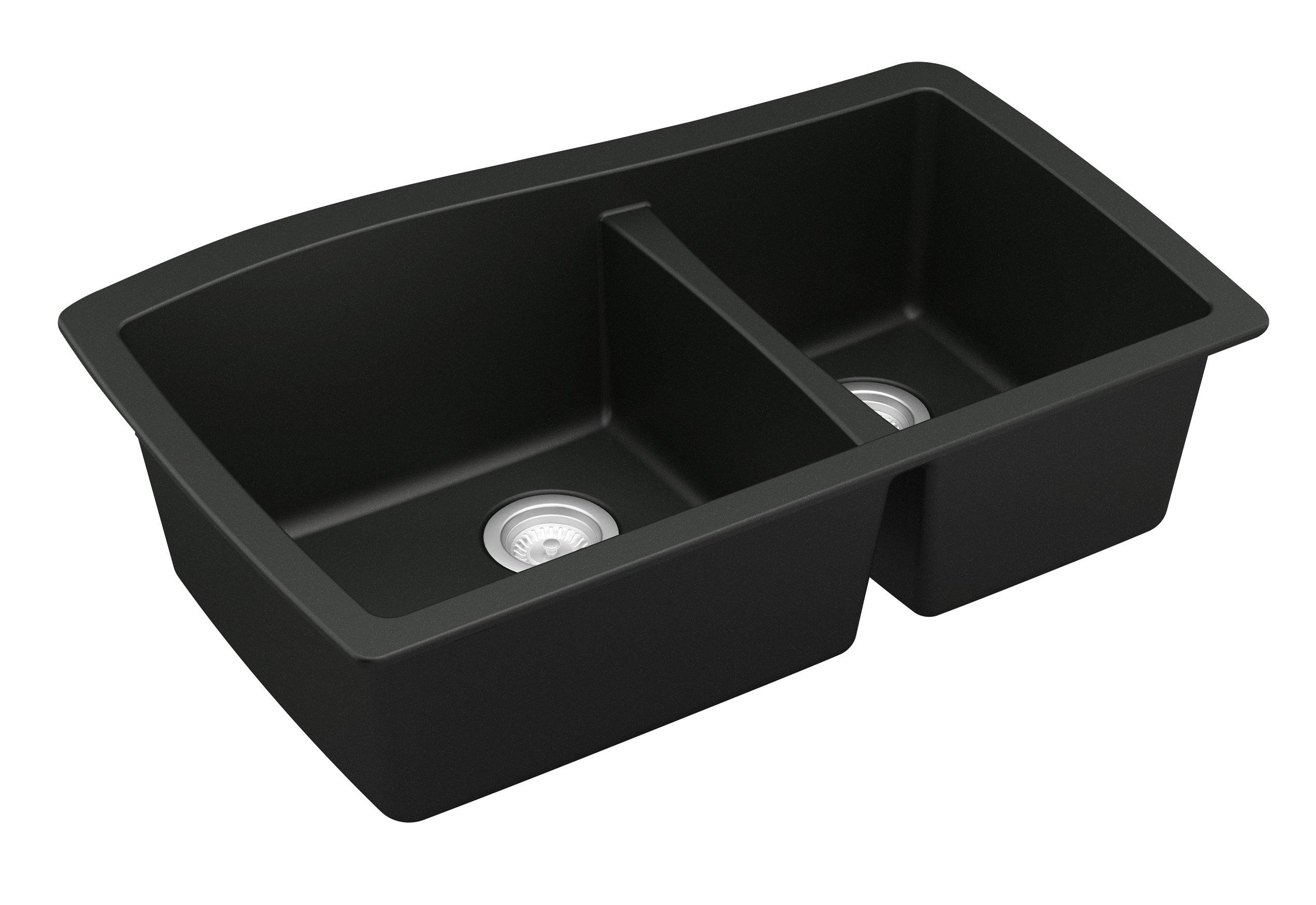 Alternate Image for Karran 34" Undermount Quartz Composite Kitchen Sink, 60/40 Double Bowl, Black, QU-721-BL