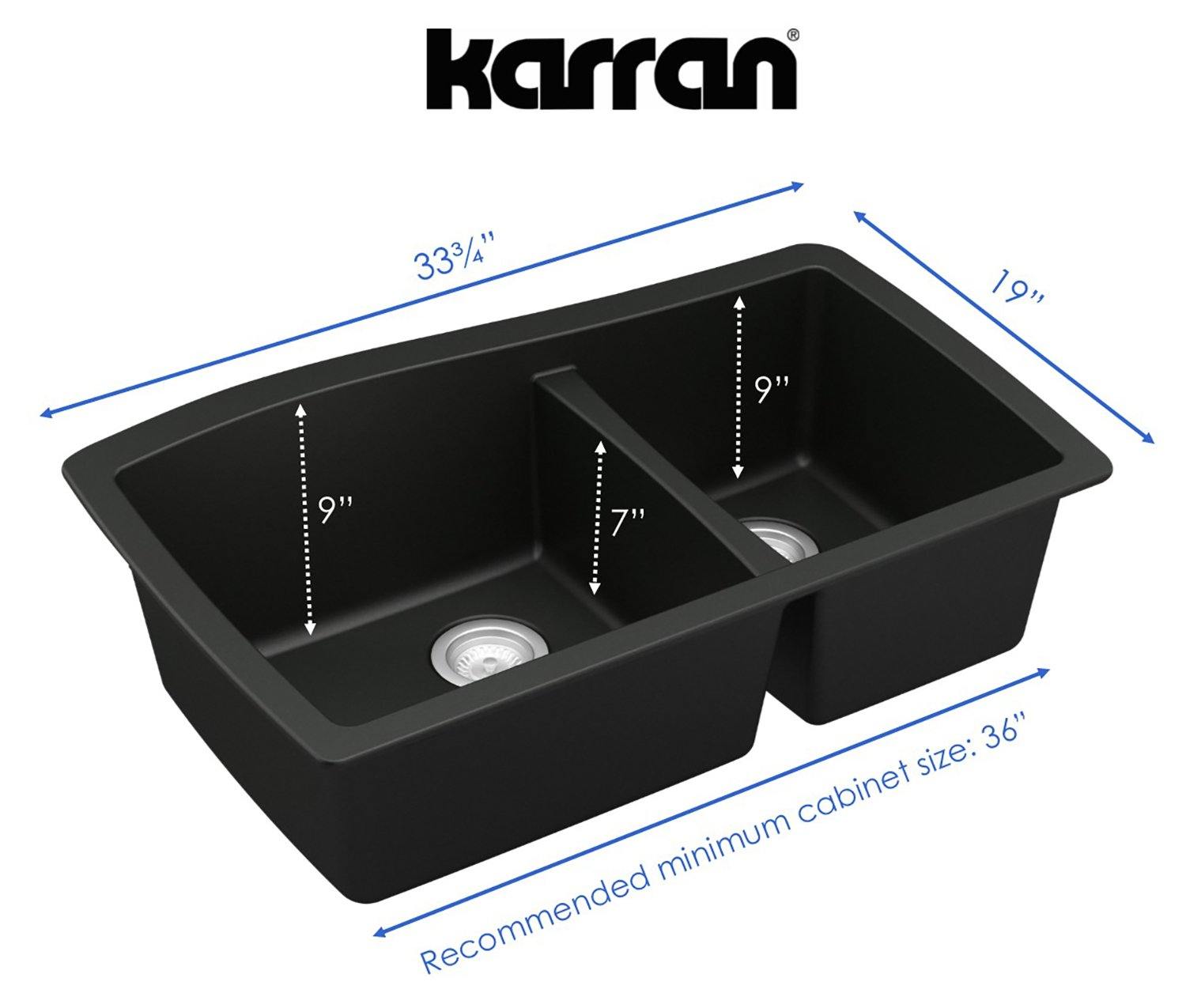 Alternate Image for Karran 34" Undermount Quartz Composite Kitchen Sink, 60/40 Double Bowl, Black, QU-721-BL