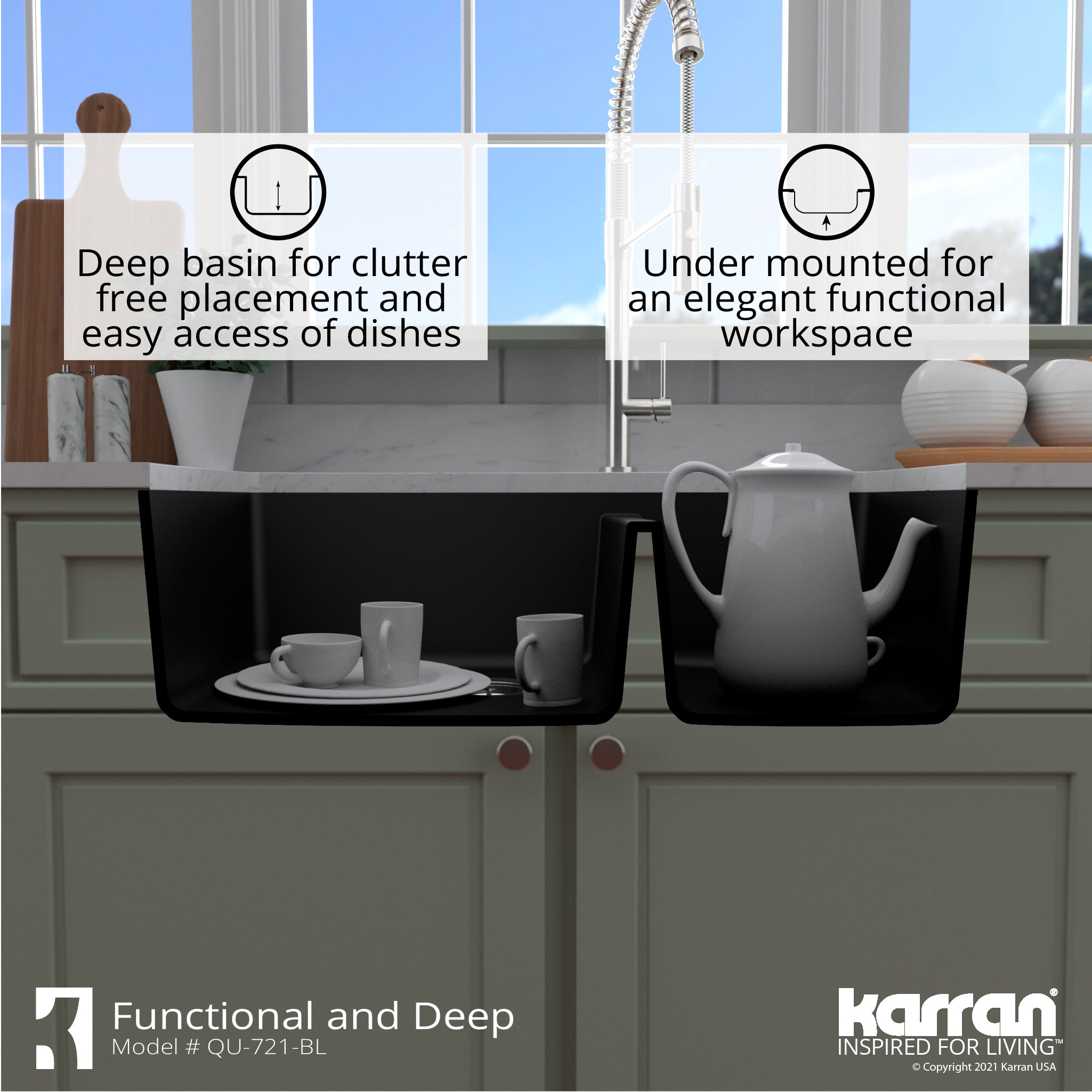 Alternate Image for Karran 34" Undermount Quartz Composite Kitchen Sink with Accessories, 60/40 Double Bowl, Black, QU-721-BL-PK1