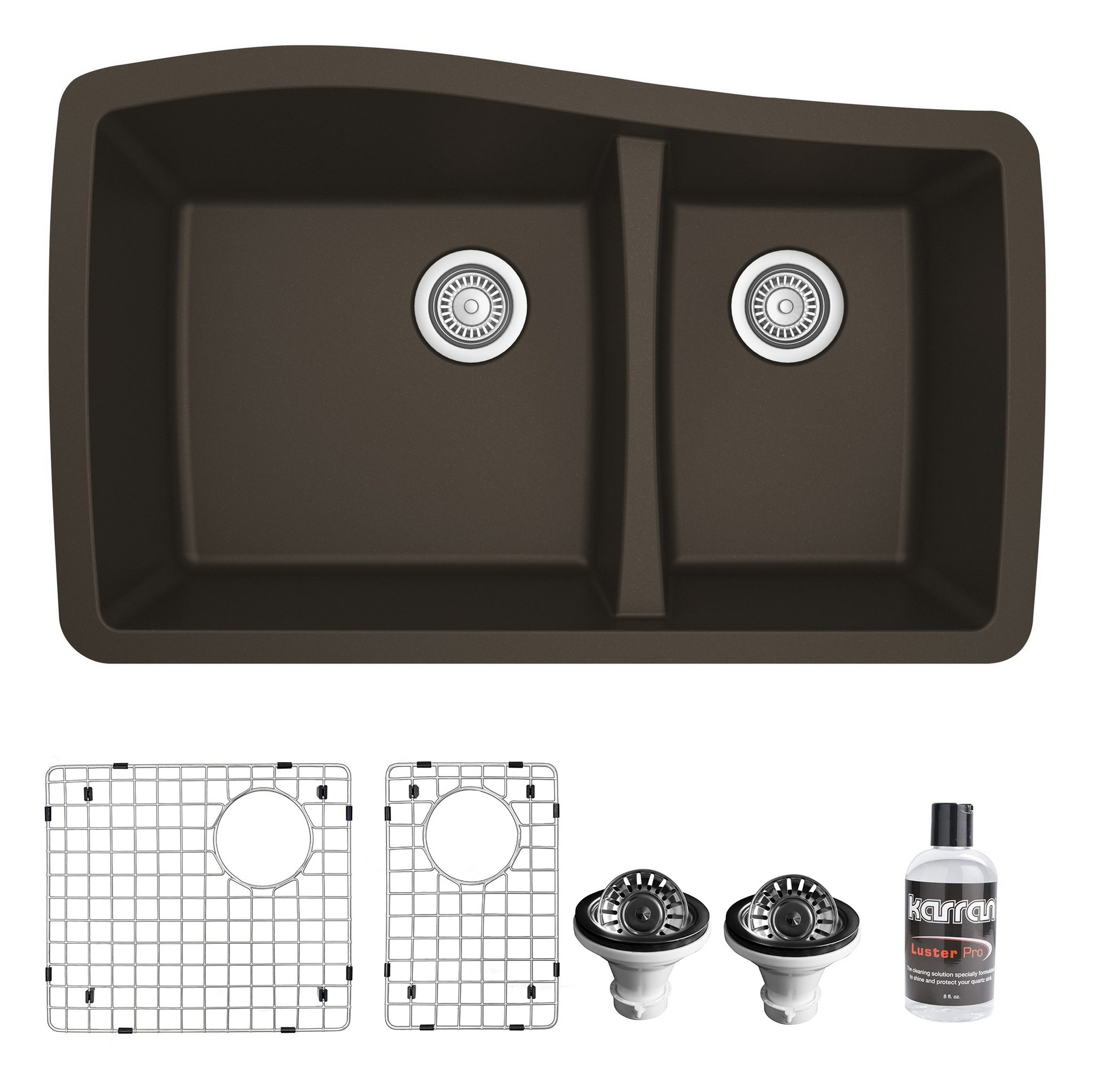 Karran 34" Undermount Quartz Composite Kitchen Sink with Accessories, 60/40 Double Bowl, Brown, QU-721-BR-PK1