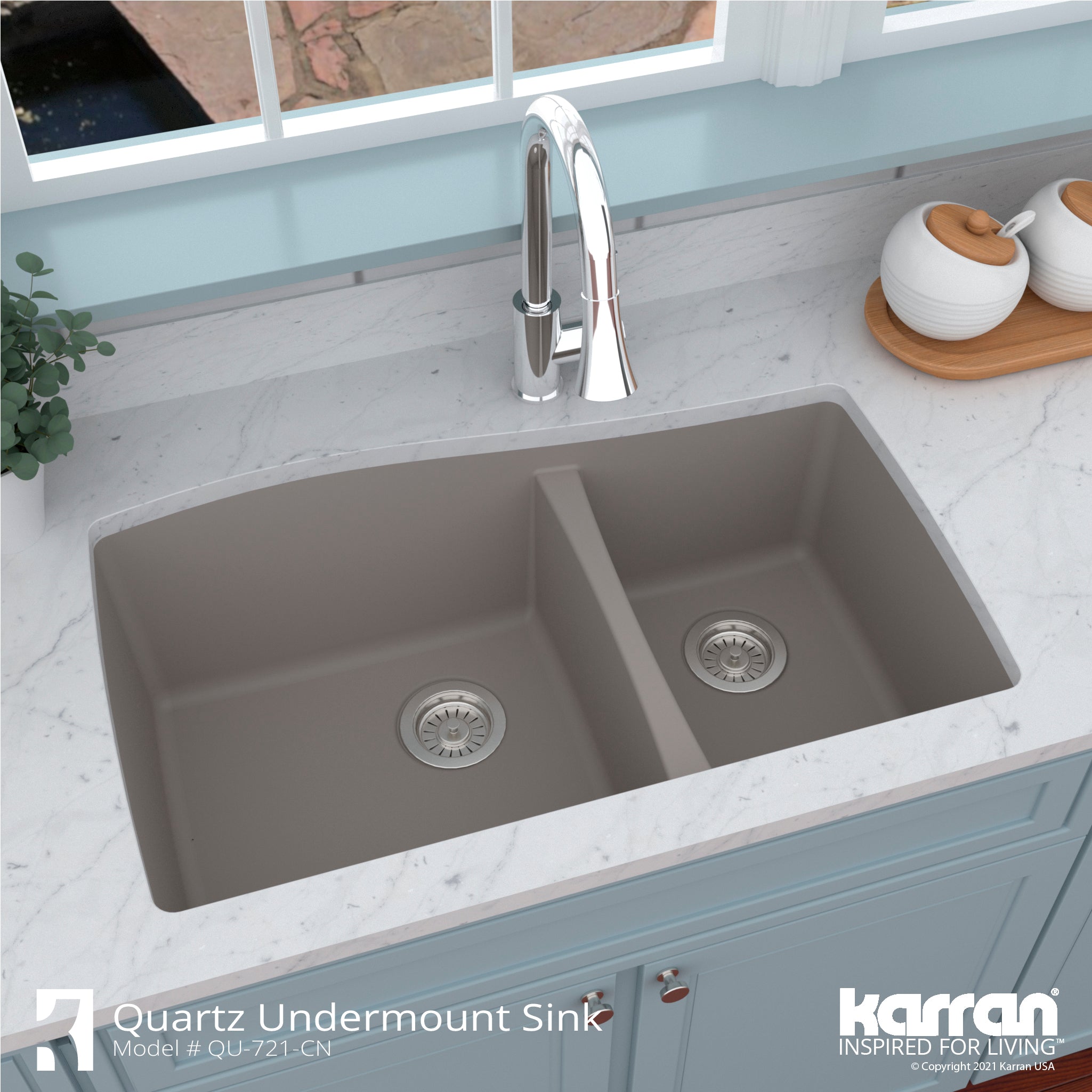 Alternate Image for Karran 34" Undermount Quartz Composite Kitchen Sink with Accessories, 60/40 Double Bowl, Concrete, QU-721-CN-PK1