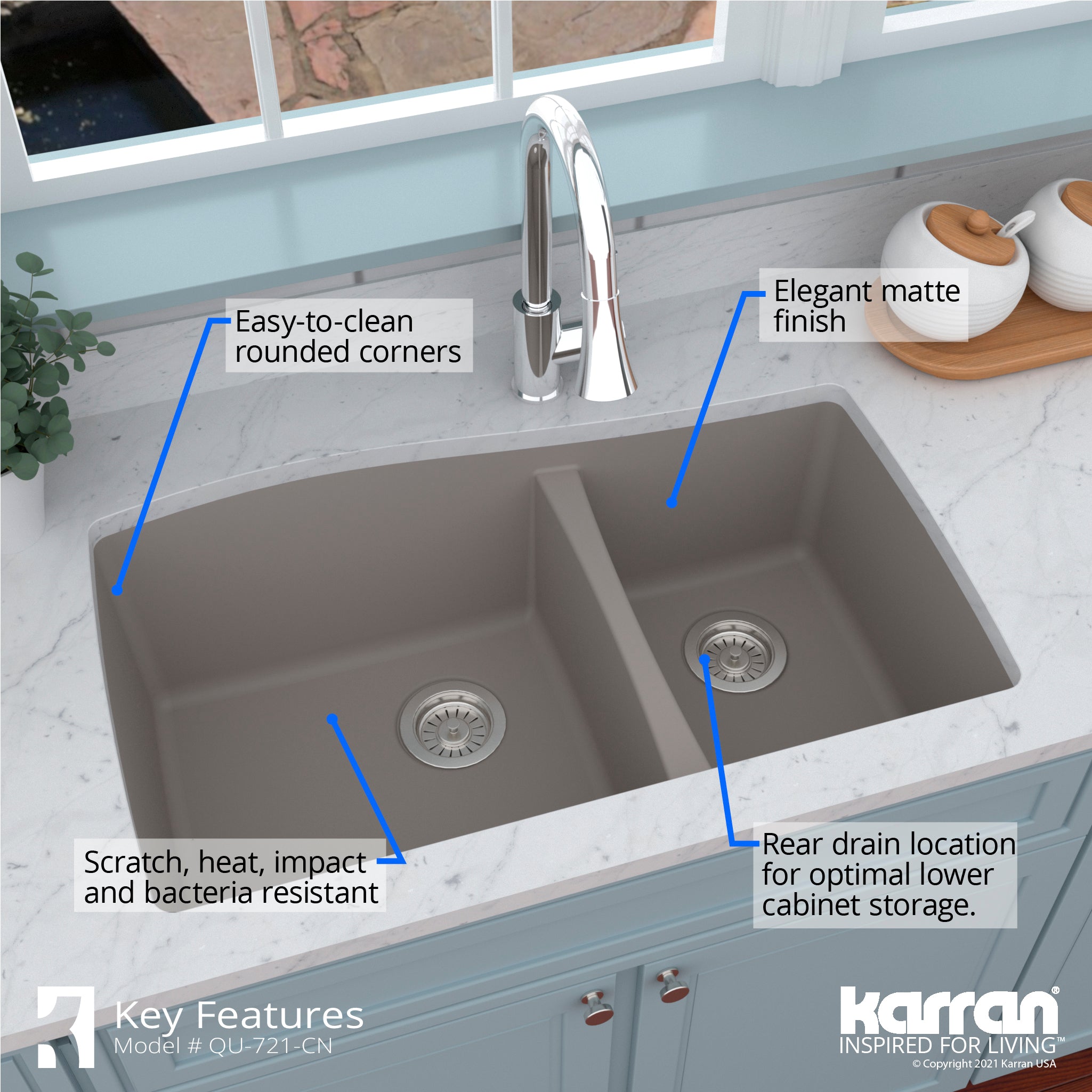 Alternate Image for Karran 34" Undermount Quartz Composite Kitchen Sink with Accessories, 60/40 Double Bowl, Concrete, QU-721-CN-PK1