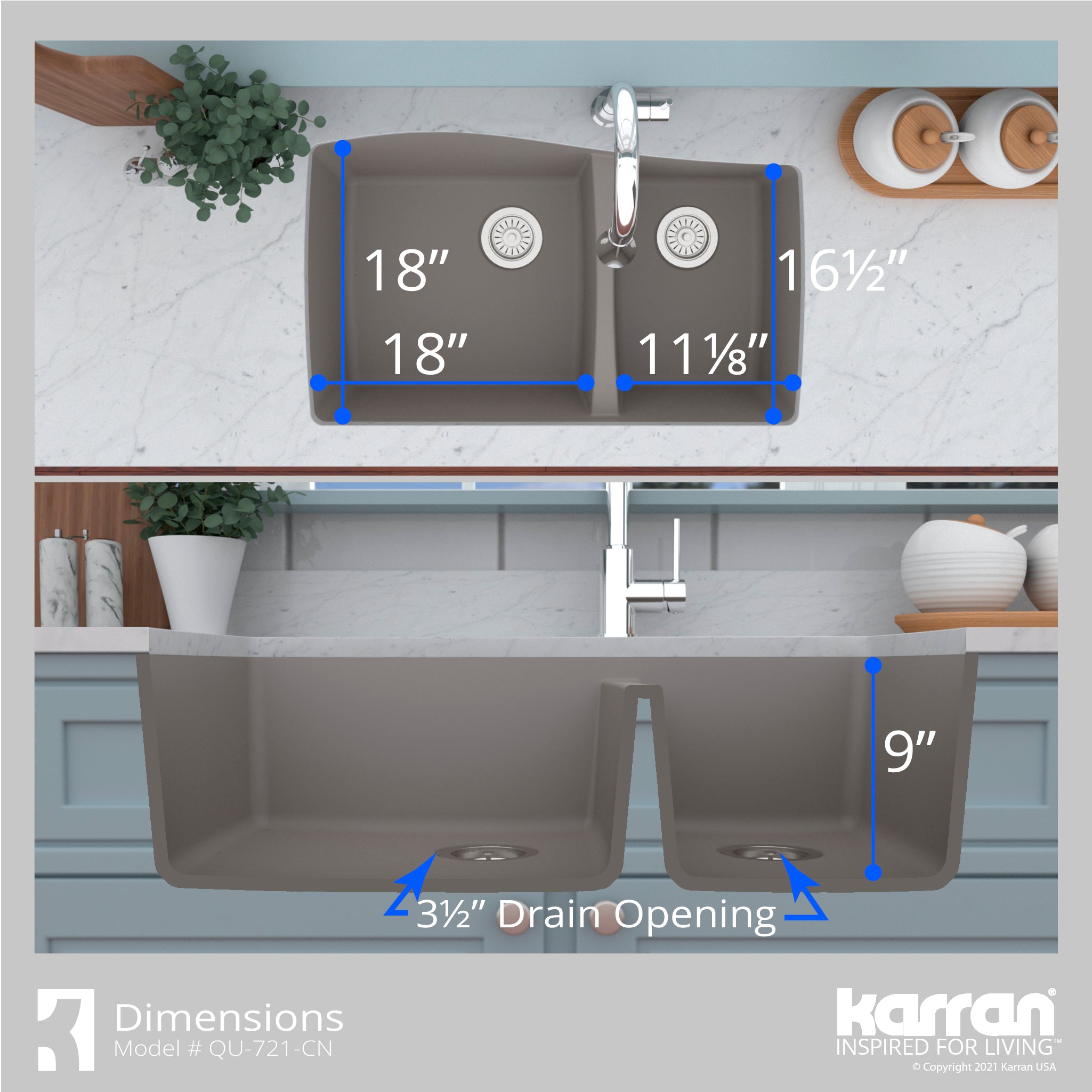Alternate Image for Karran 34" Undermount Quartz Composite Kitchen Sink with Accessories, 60/40 Double Bowl, Concrete, QU-721-CN-PK1