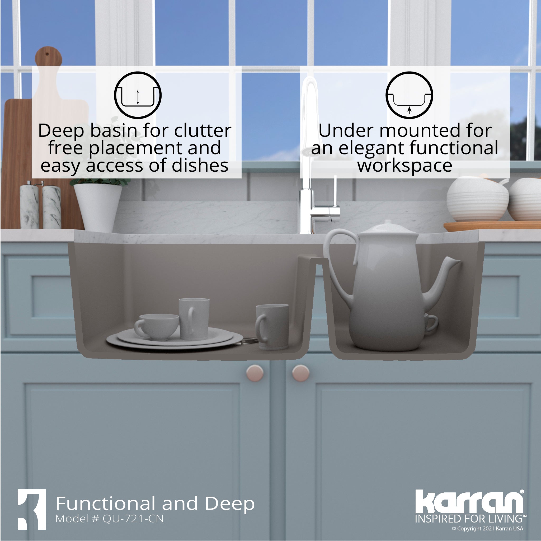 Alternate Image for Karran 34" Undermount Quartz Composite Kitchen Sink with Accessories, 60/40 Double Bowl, Concrete, QU-721-CN-PK1