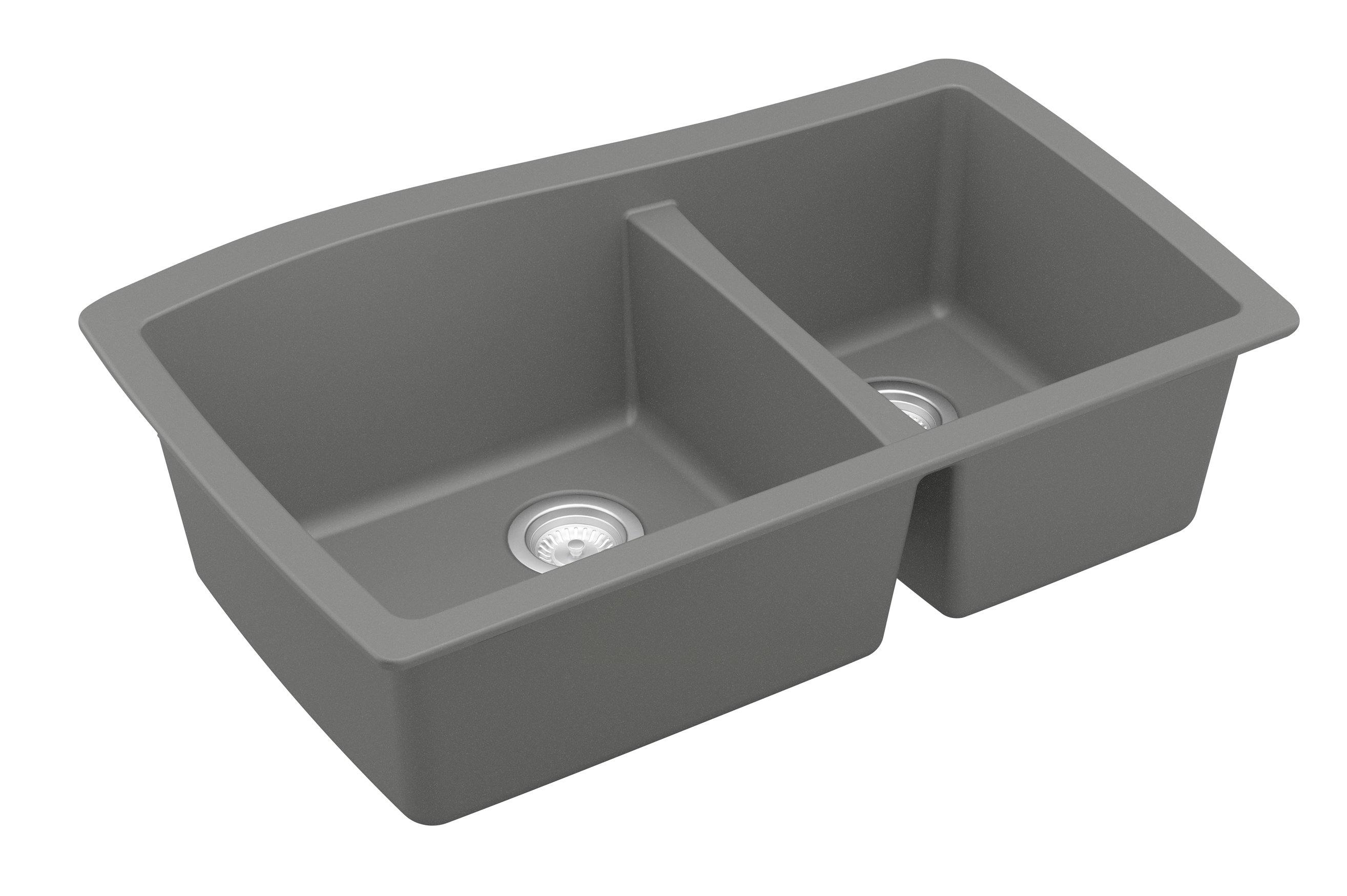 Karran 34" Undermount Quartz Composite Kitchen Sink, 60/40 Double Bowl, Grey, QU-721-GR