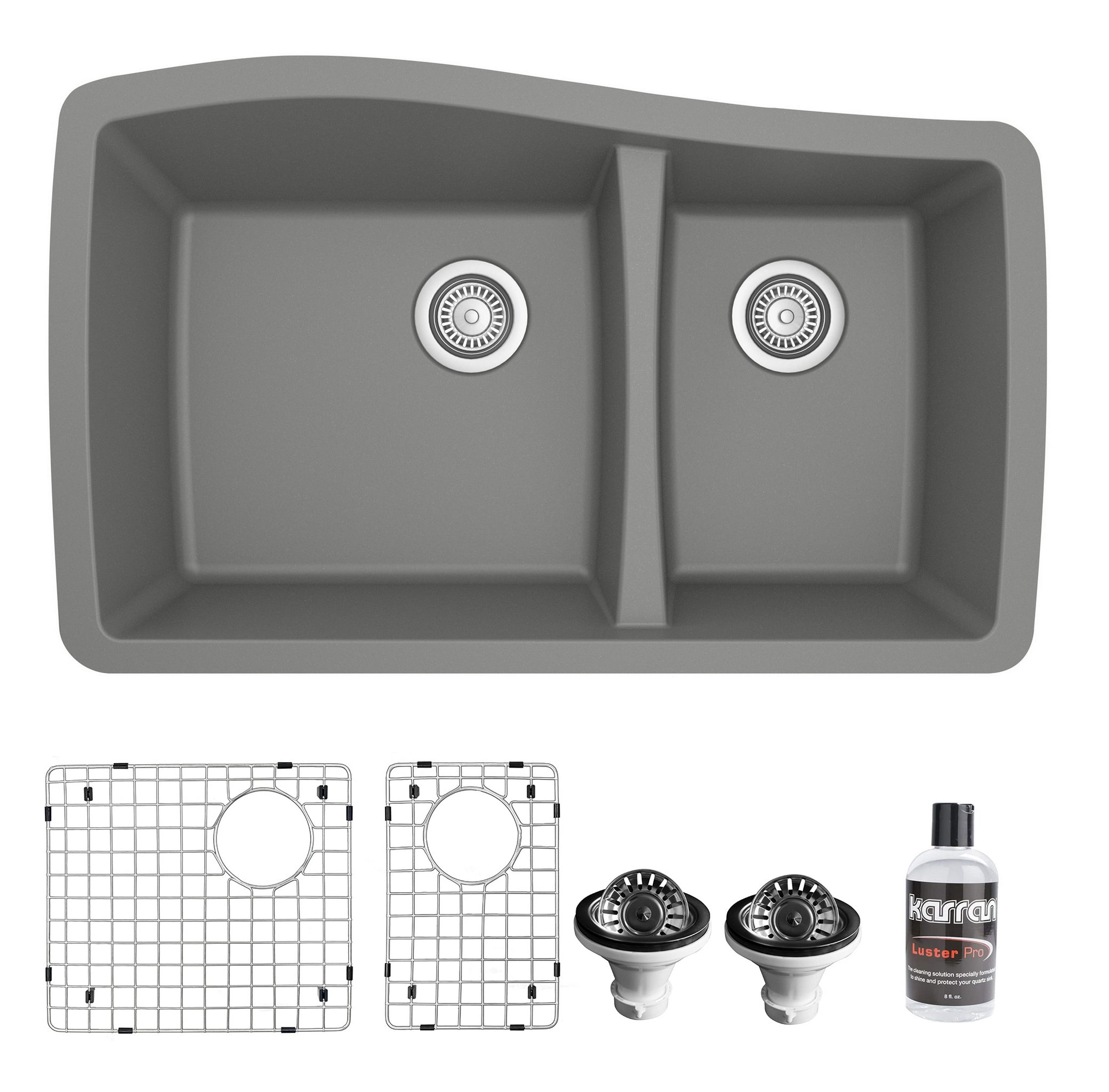 Karran 34" Undermount Quartz Composite Kitchen Sink with Accessories, 60/40 Double Bowl, Grey, QU-721-GR-PK1