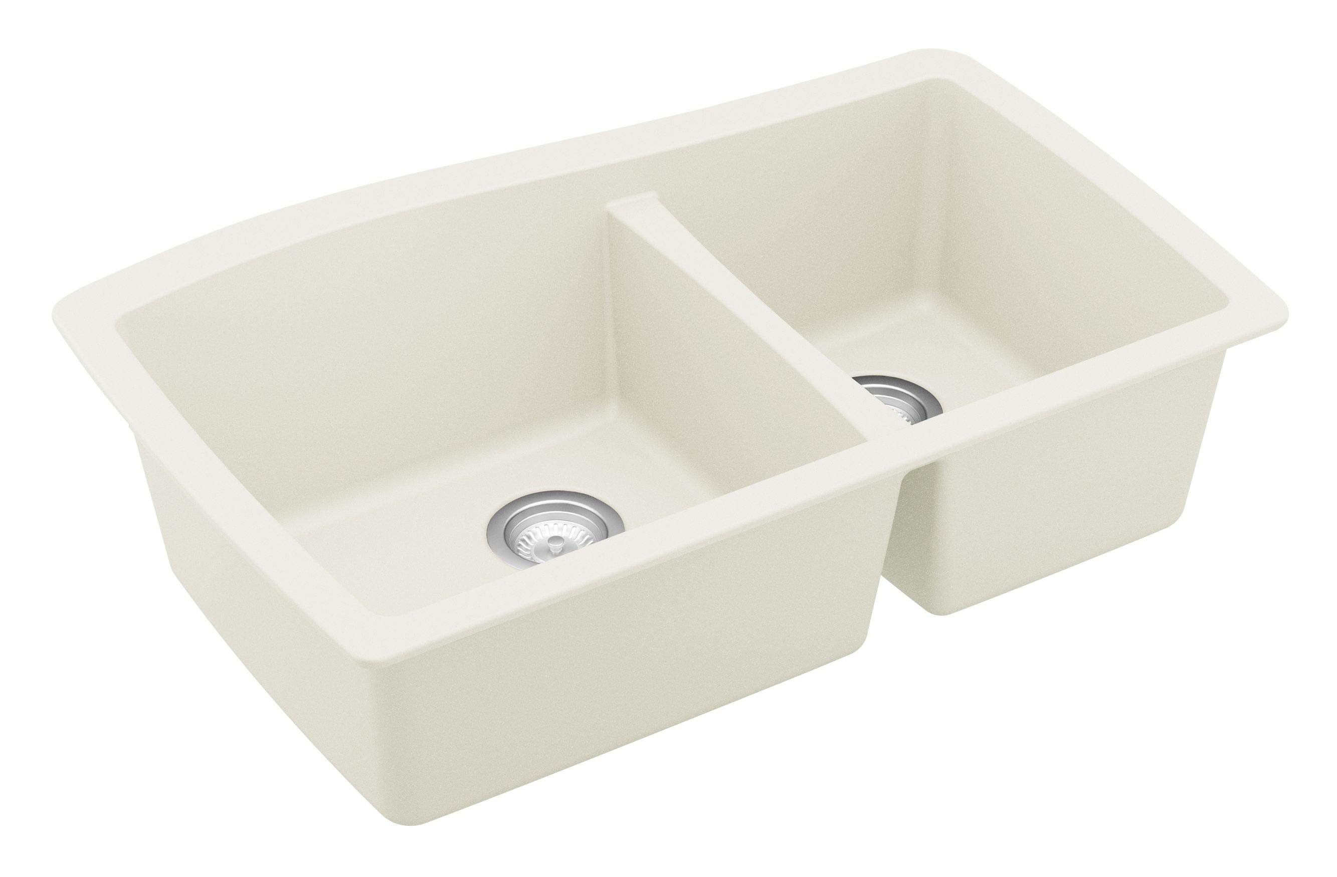 Karran 34" Undermount Quartz Composite Kitchen Sink, 60/40 Double Bowl, White, QU-721-WH