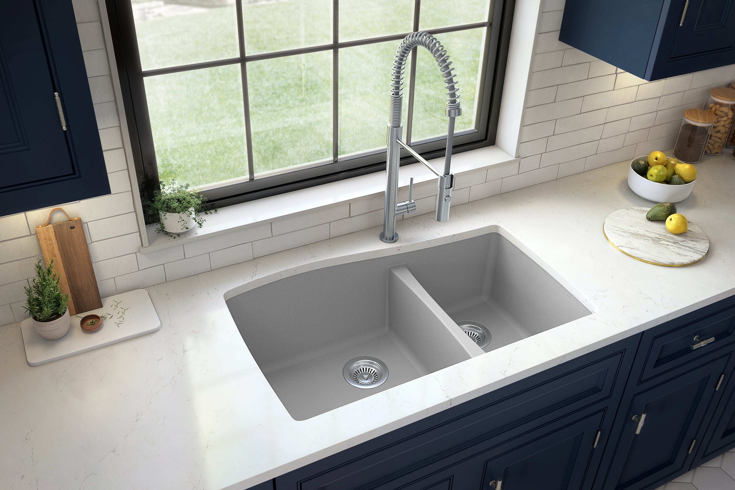 Karran 34" Undermount Quartz Composite Kitchen Sink with Accessories, 60/40 Double Bowl, Grey, QU-721-GR-PK1